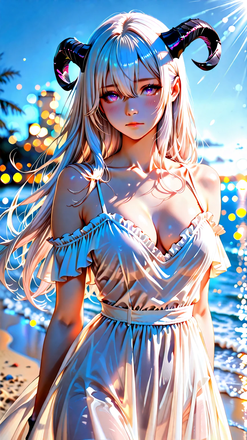 Early morning, sunrise, light breeze, on the balcony of a luxury hotel there is an incredibly beautiful young femme blonde with blue eyes and long golden hair, she is wearing a beautiful silk translucent lace negligee, through which you can see her rounded neat big breasts with sharp pink nipples and large halos, romantic appearance, sunrise. the ocean breeze. Masterpiece, beautiful face, beautiful facial features, perfect image, realistic photos, full-length image, 8K, detailed image, extremely detailed illustration, a real masterpiece of the highest quality, with careful drawing. glow. In full growth. sharp nipples, beautiful big breasts, pink halos, a seductive smile.