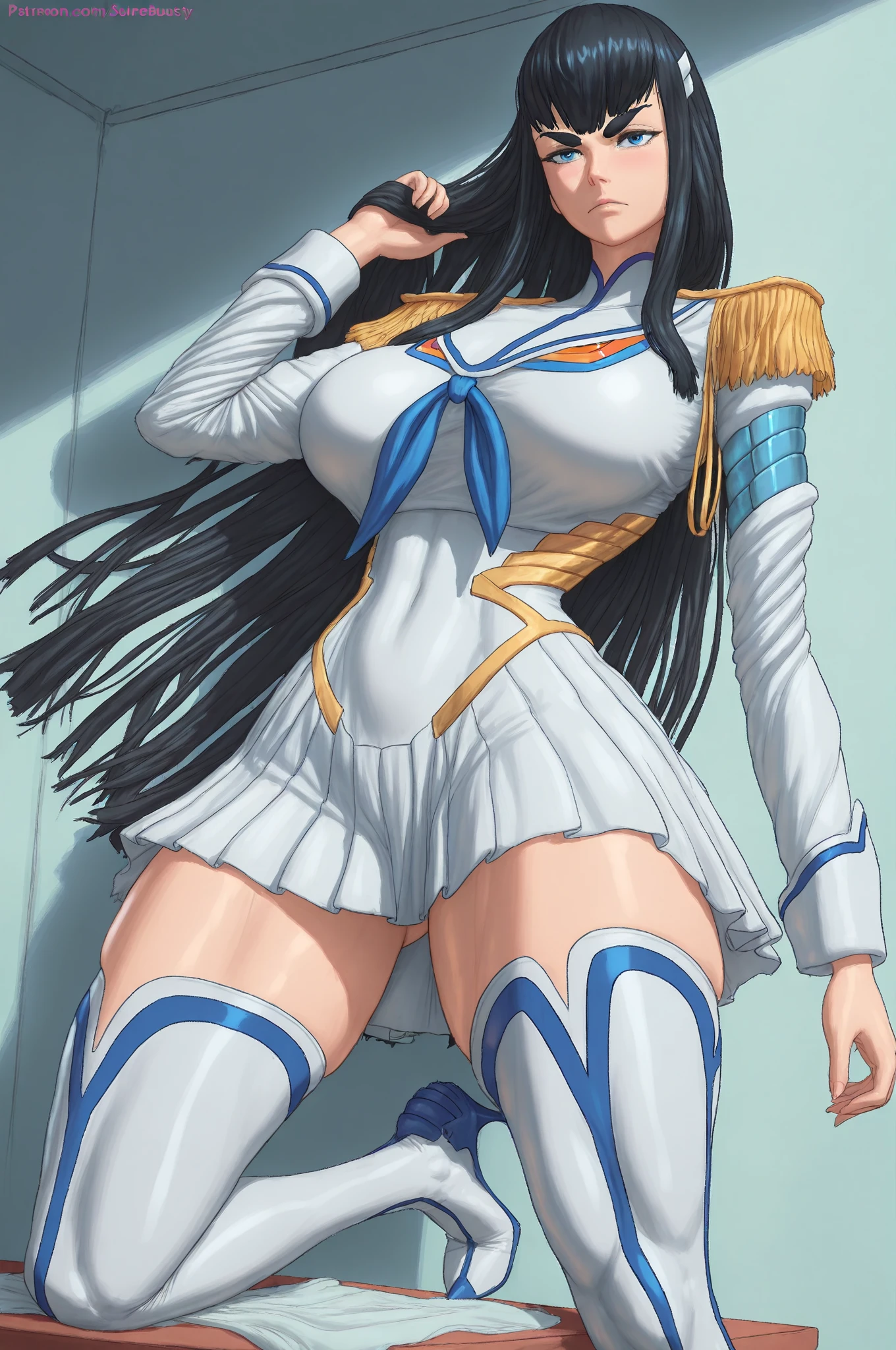 (masterpiece、best quality、Highest resolution、Clear_image、detailed details): (full body picture、15 year old girl、Japanese face、small face、thin、Navy blue super short bob、blue eyes、Blue and Black Shiny Aviator Suit、Armor that protects the chest、tight clothes、Clothes that cover the whole body、leggings、Very delicate and beautiful、hide thighs、hide your ass、Cute type、gentle smile、soft expression、earphone、knee high boots、Gloves come to elbow length、Shooting at eye level、face directly、woman on spaceship), (((camel toe))), ((Plain white tights))