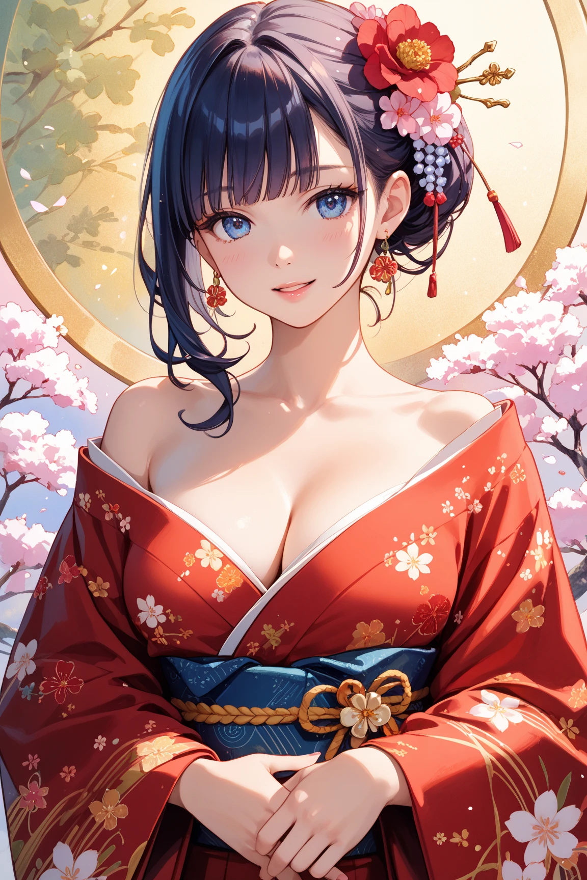 8K、quality、super high image quality、ultra - detailed、Super realistic sensuality、Full body lesbian、an sexy、花魁、Beutiful women、red and white、Kimono with visible collarbone、blue long hair、eBlue eyes、Glossy glossy skin、Very huge、Plump Large、Glossy glossy skin 、The background is a night playground