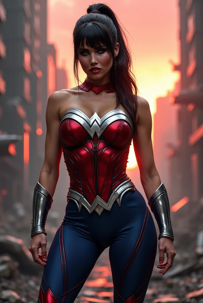 Supergirl 27 years old, ((( Taylor Swift:Emma Stone:0.7))) Beautiful woman (((shoulder length wavy brunette hair))) (bangs:1.2) ((red cyberpunk style futuristic armor with skirt)) defined body, Red lipstick, smiling, hands free, standing, high tech cyberpunk city rooftop, night, (huge_breasts:1.4) (curvy:1.3)(chubby:1.1)