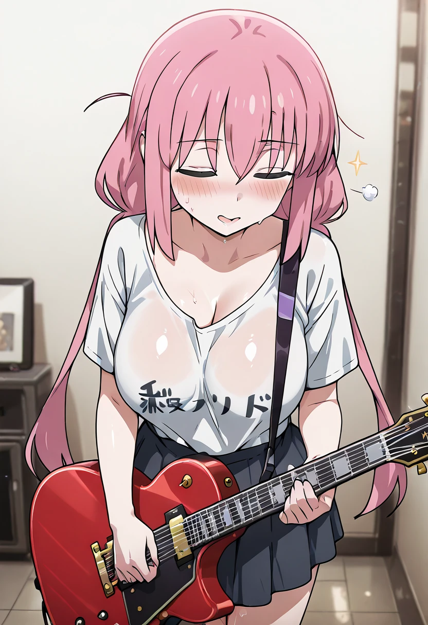 (masterpiece, best quality:1.2) shisoneri, gotohdef, cube hair ornament, pink hair, blue eyes <lora:lora:1> breasts, collarbone, completely nude, cowboy shot, large breasts, medium nipples, navel, nude, open mouth, solo, sweat, (holding guitar :1.2) @_@, holding instrument, concert, playing instrument, stage, stage lights