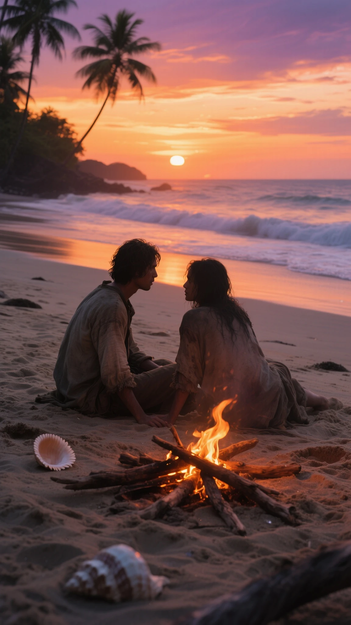 prehistoric man looking at the sea; sunset, hugging your partner