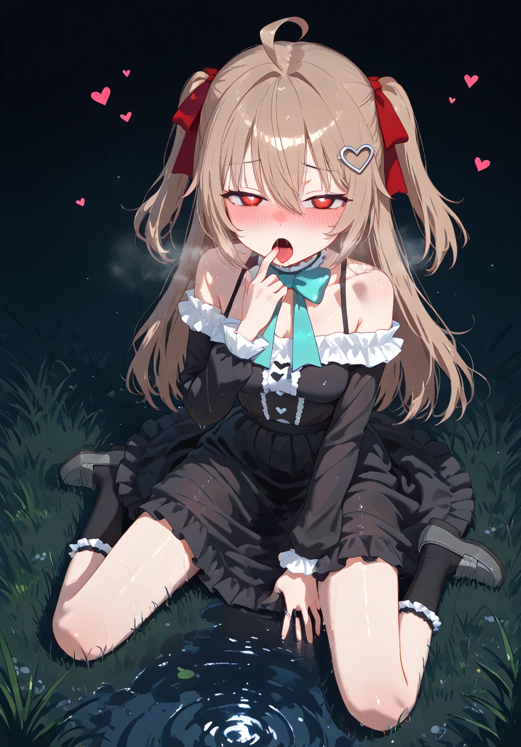 1girl, evil neuro-sama, (yuzu modoki), red eyes, light brown hair, ahoge, two side up, hair ribbon, dark red ribbon, heart hair ornament, black dress, frilled dress, off-shoulder dress, bare shoulders, frilled choker, long sleeves, red bow, red buttons, black heart, black socks, frilled socks, grey footwear, loafers, (masterpiece, best quality), highly detailed, finely detailed, chair, sitting, bound, from above, arm behind back, wet, angry, gagged, looking at viewer, spread legs, see-through,