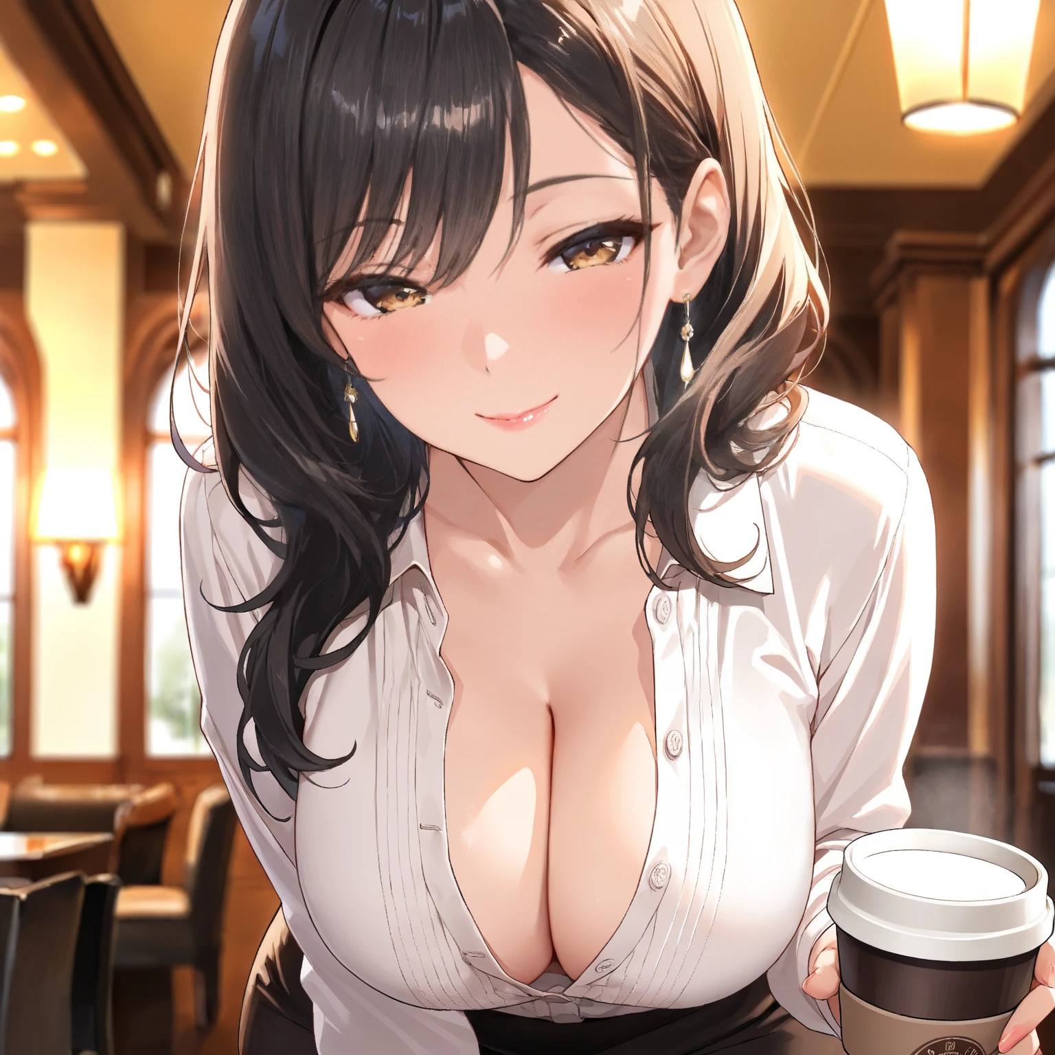 (Raw photo, highest quality), 1 girl, Natural light, Upper body, coffee shop, smile, Satosh Kong&#39;s art style