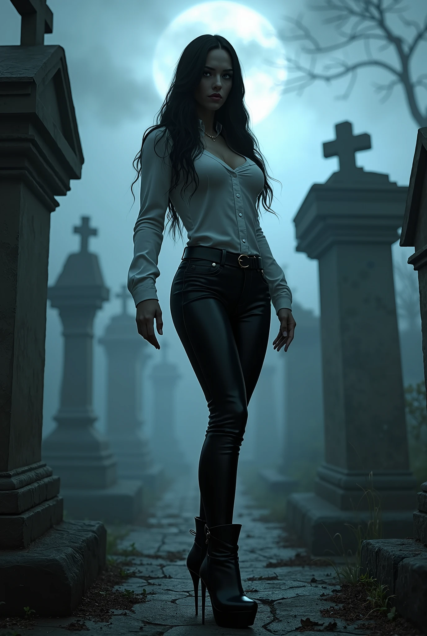 Full figure beautiful sexy sensual bombshell dark superheroine , black long straight hair, black eyes, big breasts, wide, athletic shoulders, slim waist, long shapely legs, detailed hands, perfect eyes, white silk shirt, black leather tight pants, black high heel leather boots, standing night foggy abandoned cemetery ruined crypts dilapidated crosses dark nigh moonlight spooky atmosphere Tim Burton style cinematic