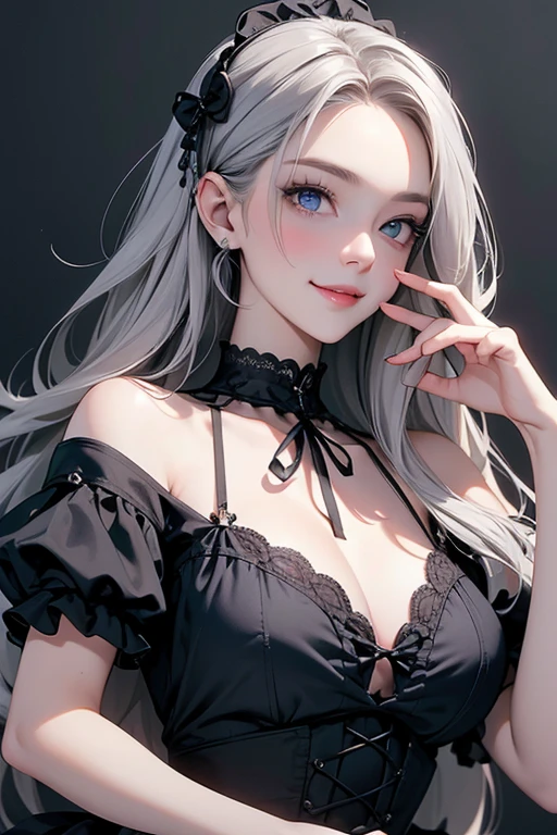 super high quality, 8k, RAW photo, realistic, white messy hair, forehead, hair over one eye, cute woman, full makeup, annoying sexy expressions, slender, perfect proportion, wearing gray sexy dress made of leather with laces on both sides
