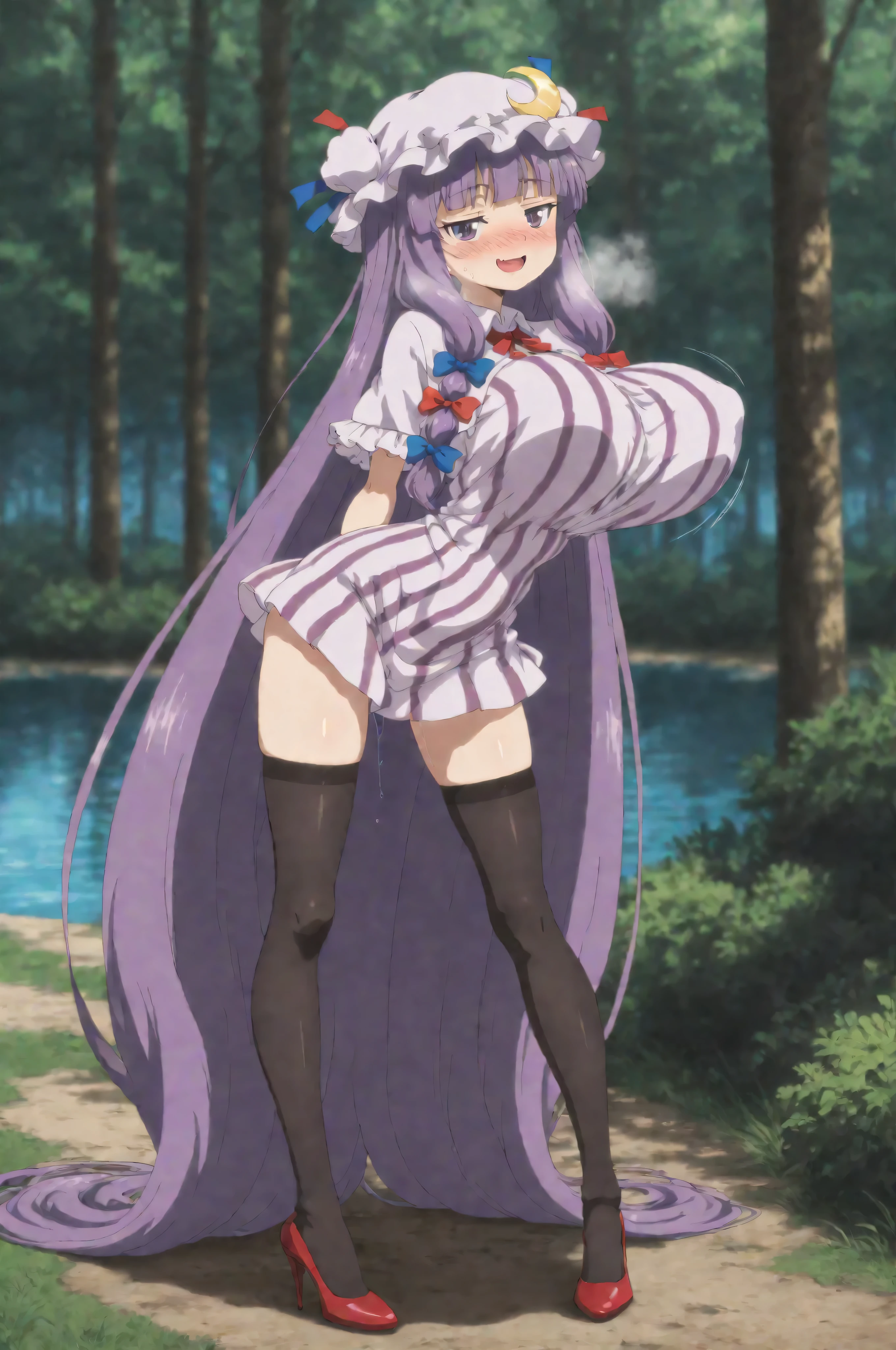 (solo), (Patchouli toho character:1.3), (standing at lakeside forest alone), outside, (standing with open legs wide:1.3), (arms behind back), swaying back, stretch legs, tiptoe, BREAK, (disproportionately gigantic huge breasts:1.3), cleavage, inconceivably narrow waist, very short torso, (skinny long legs), BREAK, capelet, sheer short dress, very short skirt, thigh gap, (black thighhighs), stiletto heels, BREAK, smile for viewer, open mouth, nose blush, full body, pussy juice, (orgasm), (nsfw:0.5)
