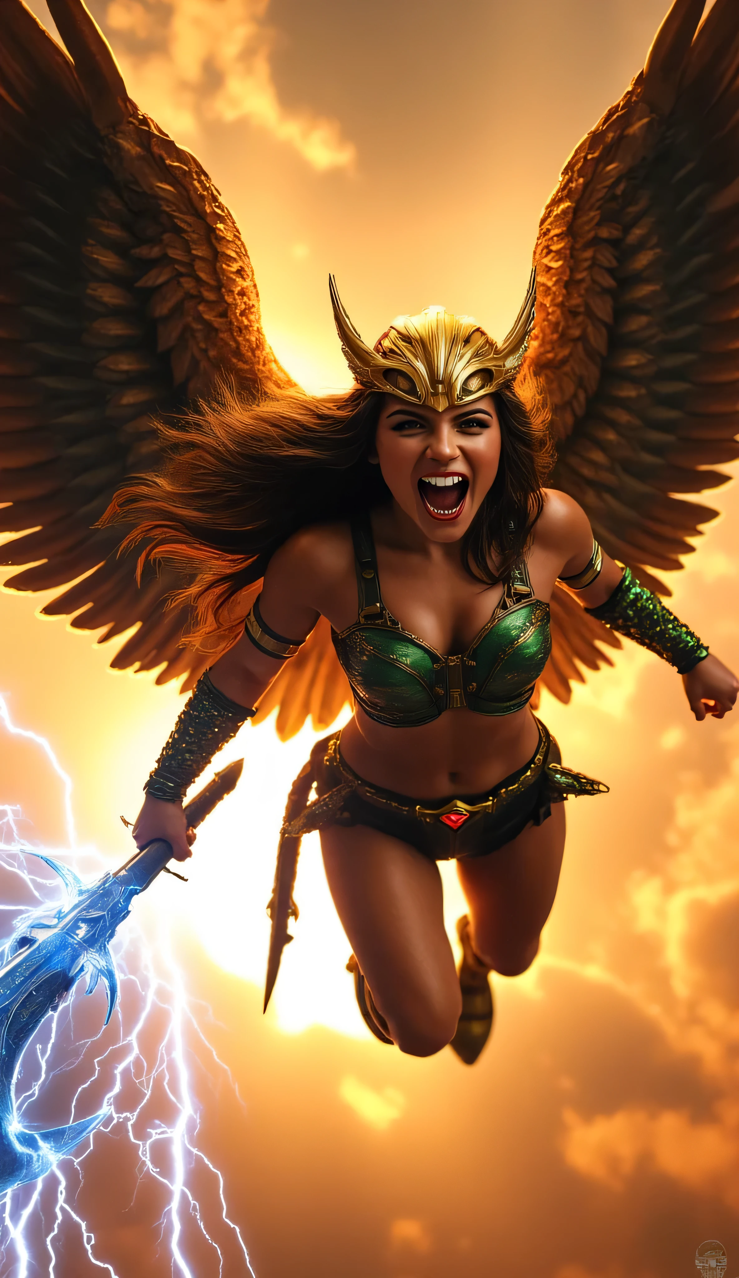 Isabela Merced as Hawkgirl, DC universe, fierce superheroine, flying forward, intense battle pose, against a fiery sunset sky, wears a golden hawk-shaped helmet, green and gold armor, muscular arms, athletic physique glowing with power, massive dark-feathered wings spread wide as lightning crackles behind her, wields large electrified spiked mace glowing with blue energy, sword hangs at her side, leather straps, red emblem belt, metallic bracers, long hair flows from beneath the helmet as she roars in battle fury, hyper-detailed, cinematic realism style with dramatic lighting, energy effects, epic heroic atmosphere