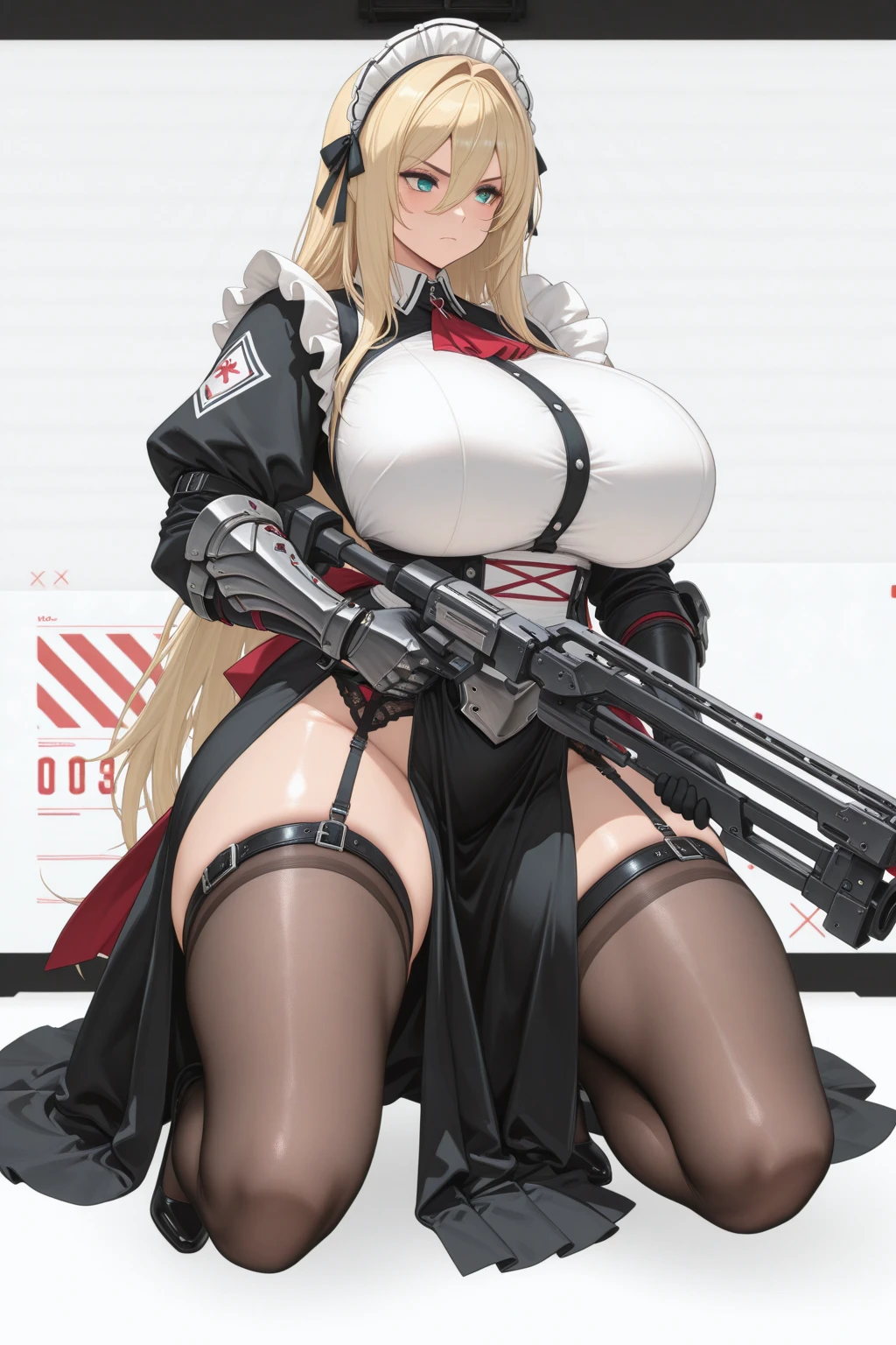 ((highly detailed)), nikke, rapi, perfect human hands, (great breast:1.1),masterpiece, best quality, ultra-detailed, glistening shiny, glowing light, ray tracing, HDR, deph of field, (perfect face, detailed face, detailed eyes,perfect hands,perfect fingeredium :1.2),8k,HD,ultra realistic face,ray tracing,perfect lighting,best quality, ultra-detailed, shiny eyes, ( nervous:1.1, angry:1.1), ((1girl:1.2)),cowboy shot,thicc,streaked_hair,((brown gradient hair)),multicolored eyes, gradient eyes, red eyes, (glowing eyes:1.5), mascara, (fashion make up), (parted lips,blush, detailed face, war scenary, corpses, machines, iron, destruction, dust, weapons, sub machine gun in hand, warzone,dark blue sky),((super detailed background))),((super detailed background)), dynamic poses, ((8k wallpaper)), (mature female), black thighhighs, gigantic sagging breast, standing, (((nipples))), (((seen from below:1.5))), (((lifting up skirt:1.4)))