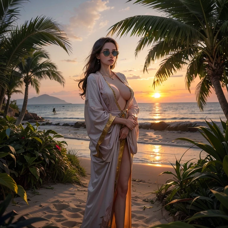 sonali bendre as a beautiful woman in a beach, nsfw, big , front view, completely naked, (holding a large leaf in front if her:1.3), bright day, stunningly beautiful