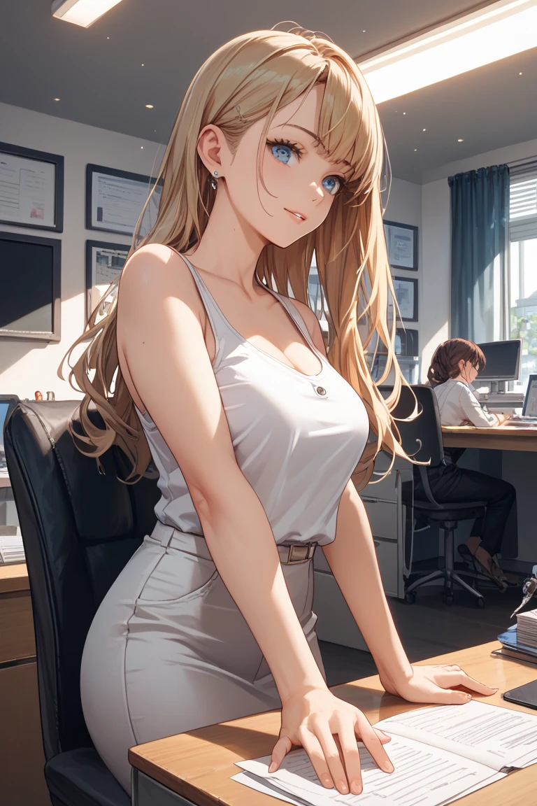 first-person-view, (Innocent and Cute girl:1.3), (Wearing sleeveless turtleneck sweater: 1.2), (Pleated mini skirt of white colors:1.2), (Thin black tights), ((Zettairyouiki:1.3)), (High-Ponytail hairstyle, Dark blond hair, wavy hair), (focus on legs:1.2), medium large breasts, (Sitting on the Office chair with one's legs crossed:1.4), looking at me, from below, (Full body shot:1.2), BREAK, (Masterpiece: 1.3), (Maximum resolution: 1.2), (Ultra HDTV: 1.2), Cinema Light, Ultra HDTV, (Detailed eyes and skin:1.2), (Detailed facial features), HDR, 8k resolution, Sharp focus: 1.2, Perfect style, Beautiful face, beautiful legs, accurate, anatomically correct, Highly detailed face and skin texture, Detailed eyes, Blue eyes, Double eyelids, Thin eyebrows, Glitter Eyeliner, Natural cheeks, fair skin: 1.2, earrings, without a shiny small necklace, (Glossy lips: 1.4),
