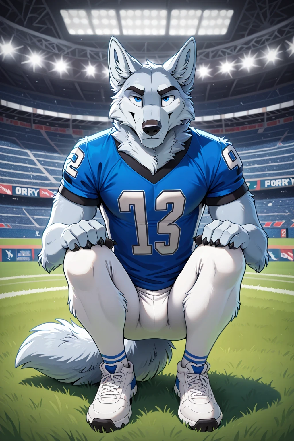 american football stadium background, blue eye, Reflections,  full body, Anthropomorphic, Adult Wolf, without humans,   by ango76 ,    Masterpiece, better quality,very aesthetic, newest,  anthropoid, mammal, a child, Clothes, Alone, Porry , Porry  Macho , blue eyes, Male Wolf,  hairy male white wolf  , squatting posture, claws,  animal ears, high resolution, blue american football jersey,   white spandex tights, white sneakers, wolf tail, front view of the spectator , squatting pose, hands on the knees , seductive expression 