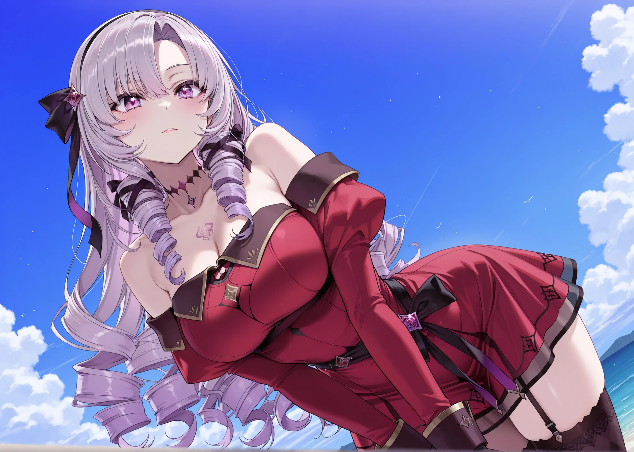 solo,masterpiece,best quality,super fine illustration、finely detail 、clear picture、UHD、HDR, amazing quality, highres, absurdres, very aesthetic, high resolution, ultra detailed, perfect details,(masterpiece, detailed:1.2),nijisalome,large breasts,purple eyes,light purple hair,symbol-shaped pupils,neck tattoo,chest tattoo,long hair,parted bangs,black hairband,hair ribbon,nijisalomecos,red dress,strapless dress,argyle pattern dress,long sleeves,juliet sleeves,off shoulder,bare shoulders,black gloves,cloth belt,ribbon belt,see-through skirt,garter straps,black thighhighs,argyle pattern thighhighs,