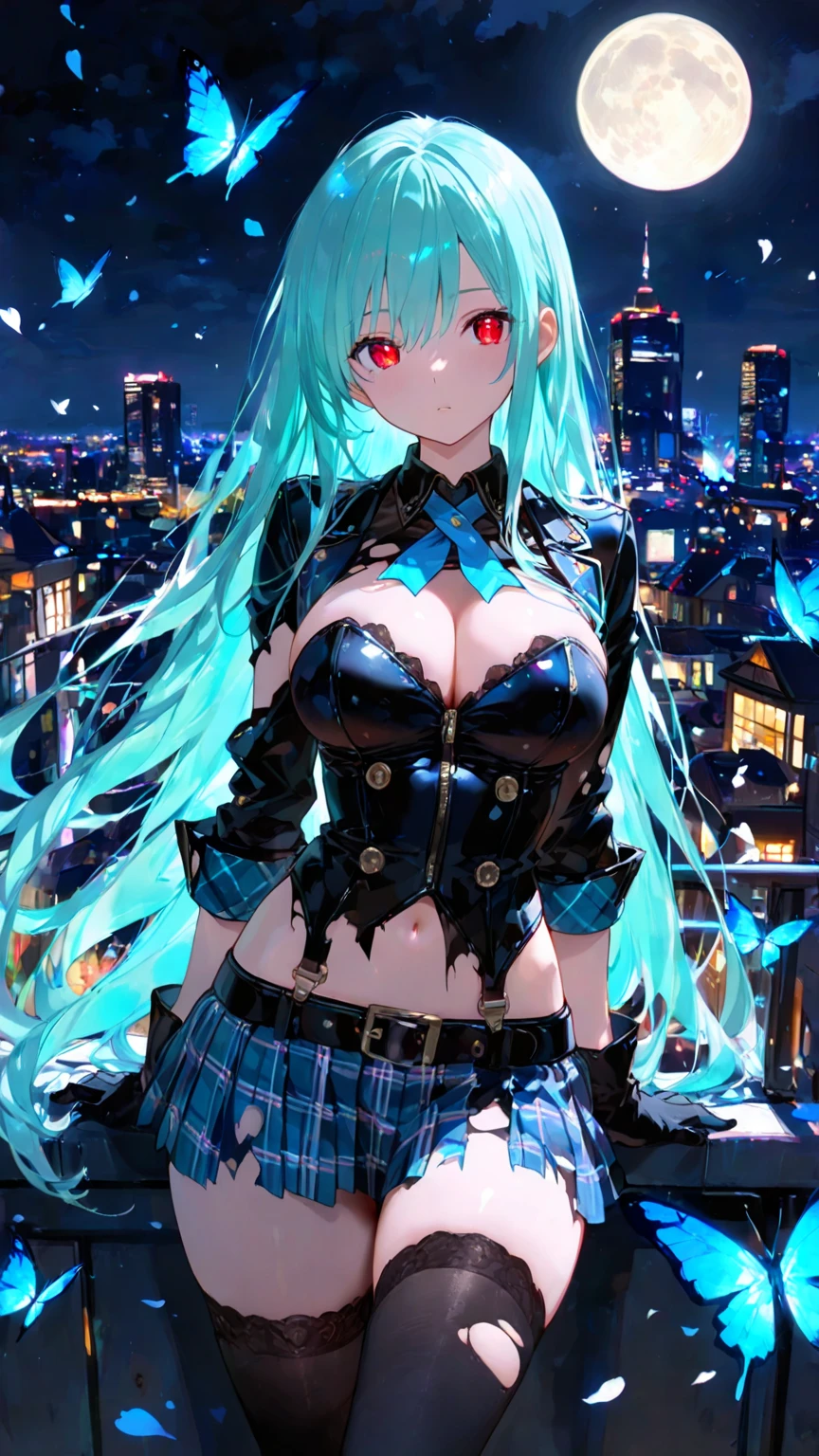 goth, excited, smoky eyes, vivid colors, wild hairstyle, red and blue hair, green lips, hotel balcony at night, leaning over balcony, leaning, body view, huge breasts, starry sky, aurora borealis,  wedding dress