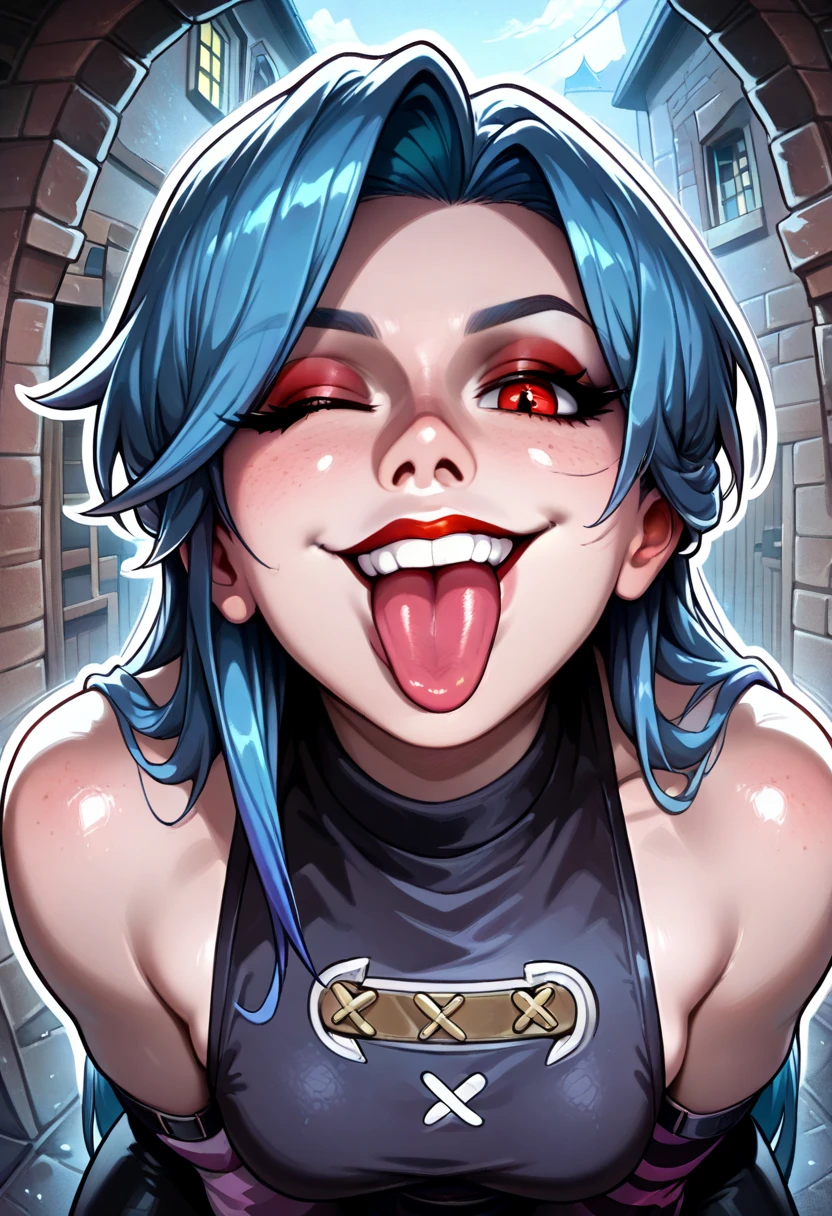 Masterpiece, best quality, nishikino maki, red hair, purple eyes,cowboy shot,solo ,gothic make up ,crop top, ((colossal cleavage)), denim shorts, choker, (graffiti:1.5), paint splatter, on knees,pov,high heels,pov , against wall, looking away, armband, thigh strap, paint on body, head tilt, bored, headset, fishnet pantyhose , castlevania style , straps  , make up,( on face) , blushing  ,sweaty, love live style 