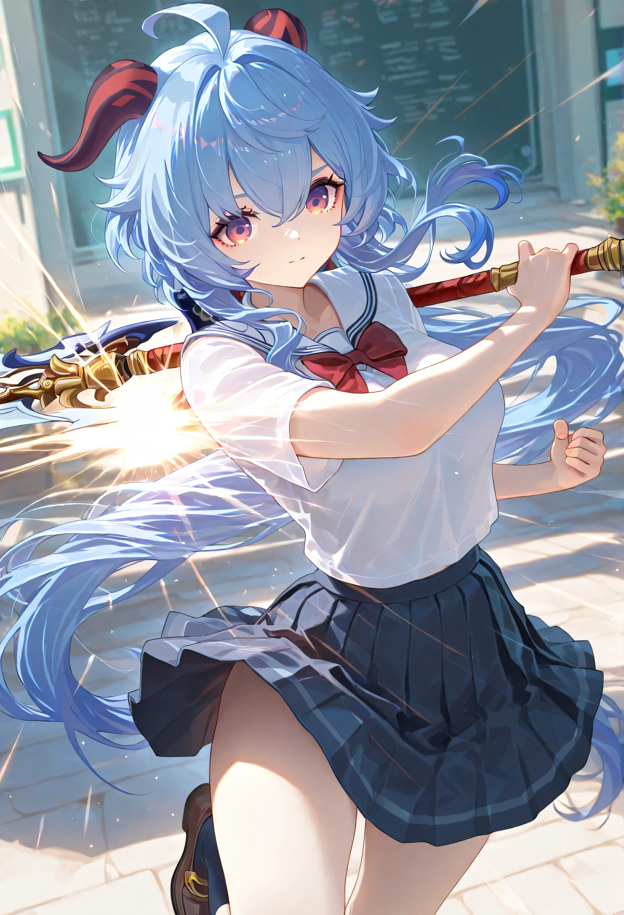 1 girl, From_Ganyu\( Genshin\),school uniforms,White, Dynamic fighting, outdoor, Highly detailed, High Contrast, ray tracing, best lighting , cinematic composition, Pretty faces ,best quality, Very beautiful, ultra high resolution, detailed background, comics, Pastel Details ,See, Cafe with a soft atmosphere , style, solo,carefully crafted hair and eyes,holding a weapon,Armed with one hand,bow,Advanced CG illustration