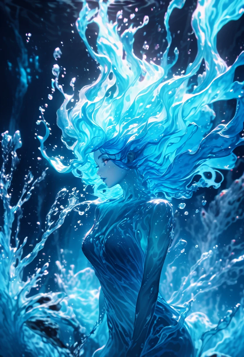 A genasi made of water, woman with water-like skin and wavy blue hair, beautiful and detailed eyes, beautiful and detailed lips, extremely detailed face, long eyelashes, poses elegantly, underwater scene, glowing bioluminescent plants, ethereal lighting, cinematic, lighting, vibrant colors, fancy, digital painting, 8K, hyper detailed, masterpiece