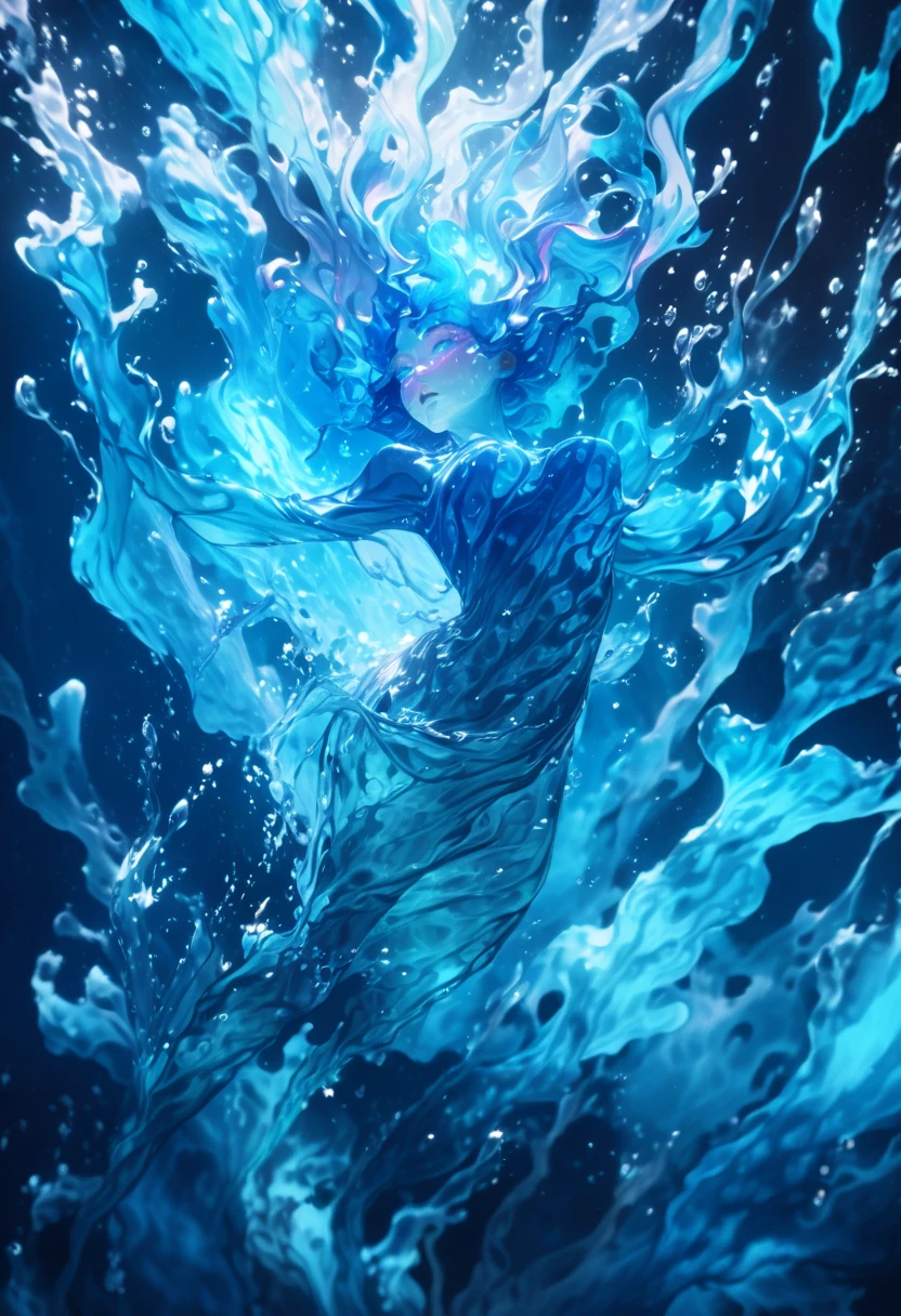 A genasi made of water, woman with water-like skin and wavy blue hair, beautiful and detailed eyes, beautiful and detailed lips, extremely detailed face, long eyelashes, poses elegantly, underwater scene, glowing bioluminescent plants, ethereal lighting, cinematic, lighting, vibrant colors, fancy, digital painting, 8K, hyper detailed, masterpiece