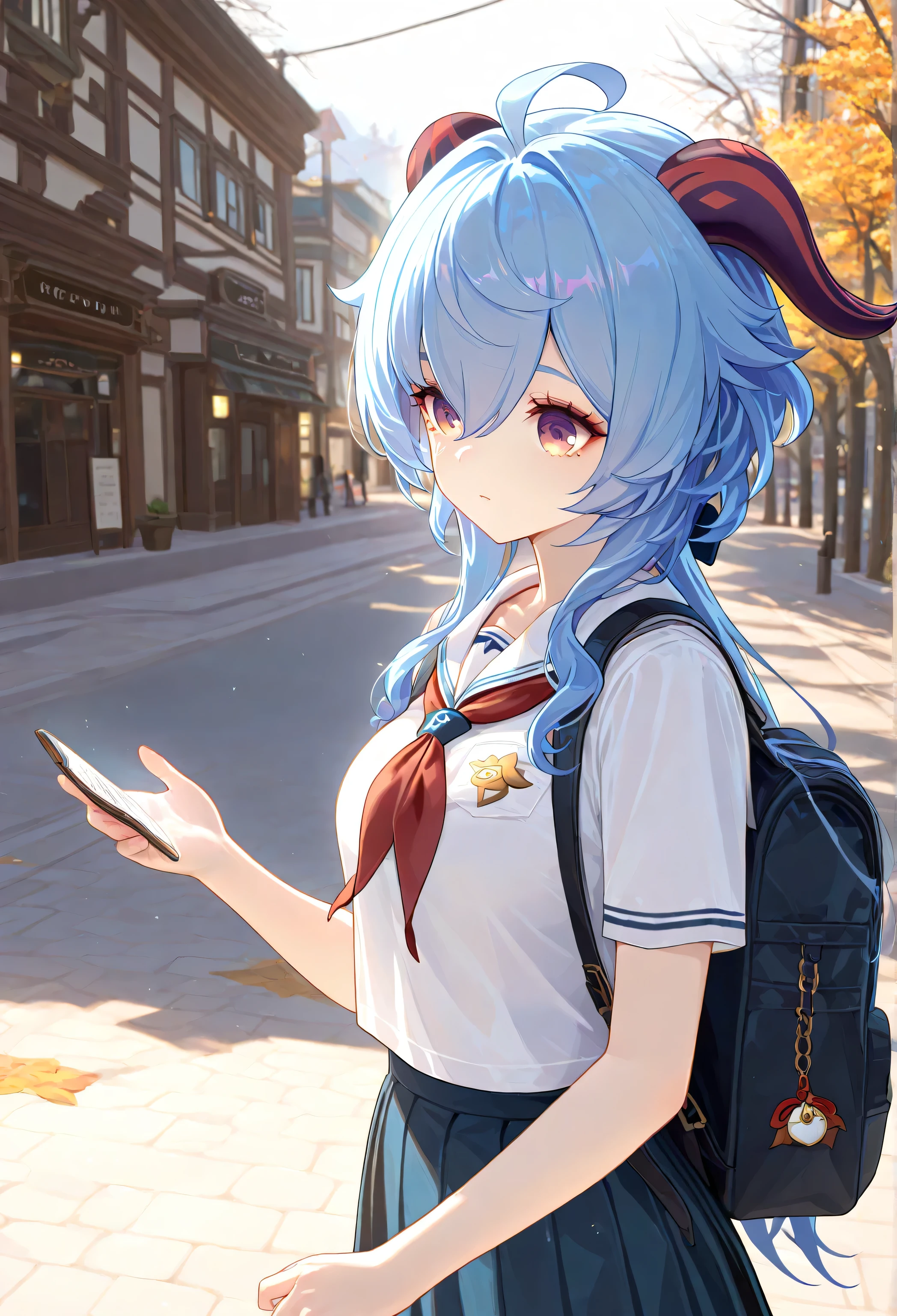 1 girl, From_Ganyu\( Genshin\),school uniforms,White,go to school, outdoor,Street, Highly detailed, High Contrast, ray tracing, best lighting , cinematic composition, Pretty faces ,best quality, Very beautiful, ultra high resolution, detailed background, comics, Pastel Details ,See, Cafe with a soft atmosphere , style, solo,carefully crafted hair and eyes,Backpack,Advanced CG illustration