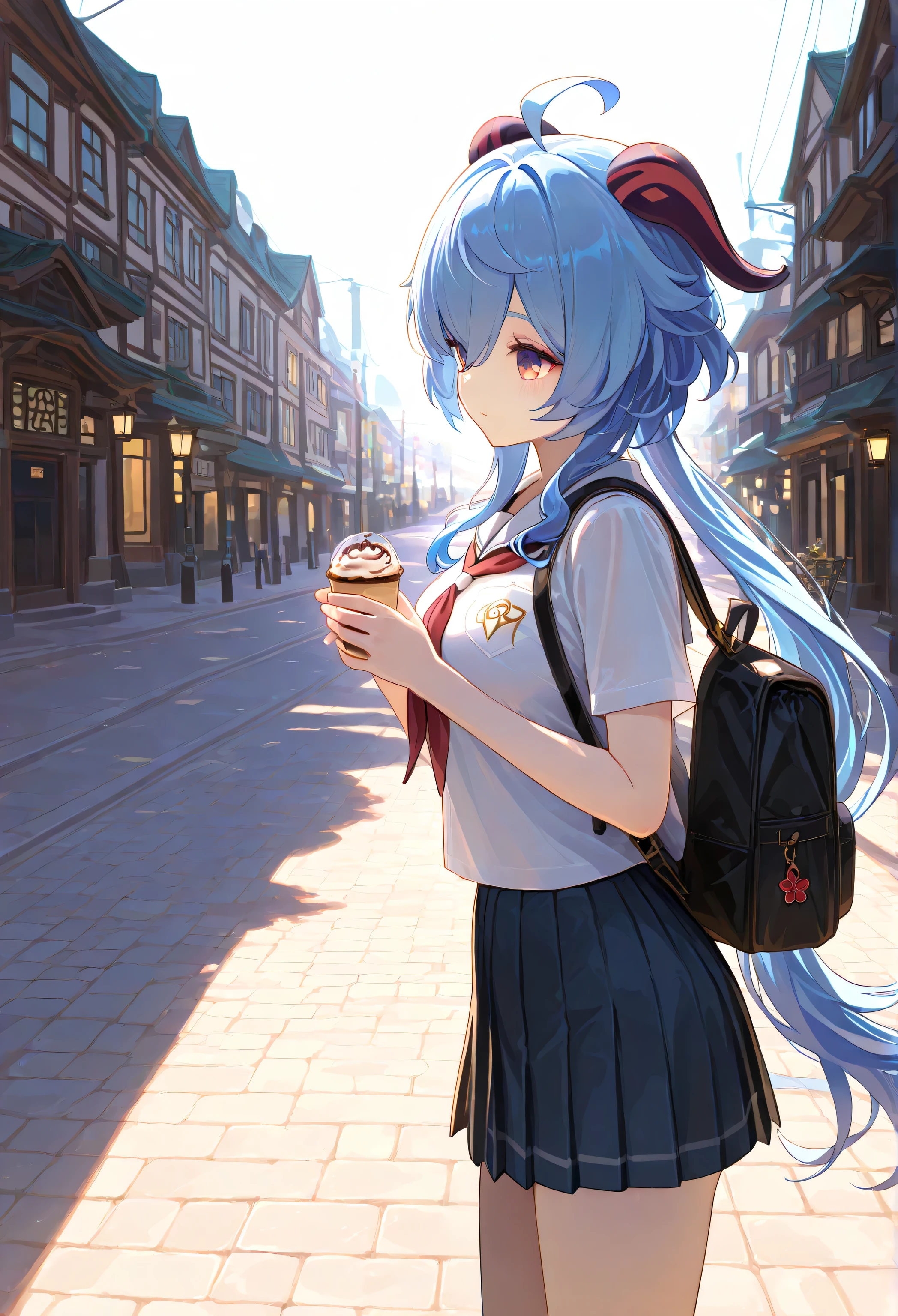 1 girl, From_Ganyu\( Genshin\),school uniforms,White,go to school, outdoor,Street, Highly detailed, High Contrast, ray tracing, best lighting , cinematic composition, Pretty faces ,best quality, Very beautiful, ultra high resolution, detailed background, comics, Pastel Details ,See, Cafe with a soft atmosphere , style, solo,carefully crafted hair and eyes,Backpack,Advanced CG illustration