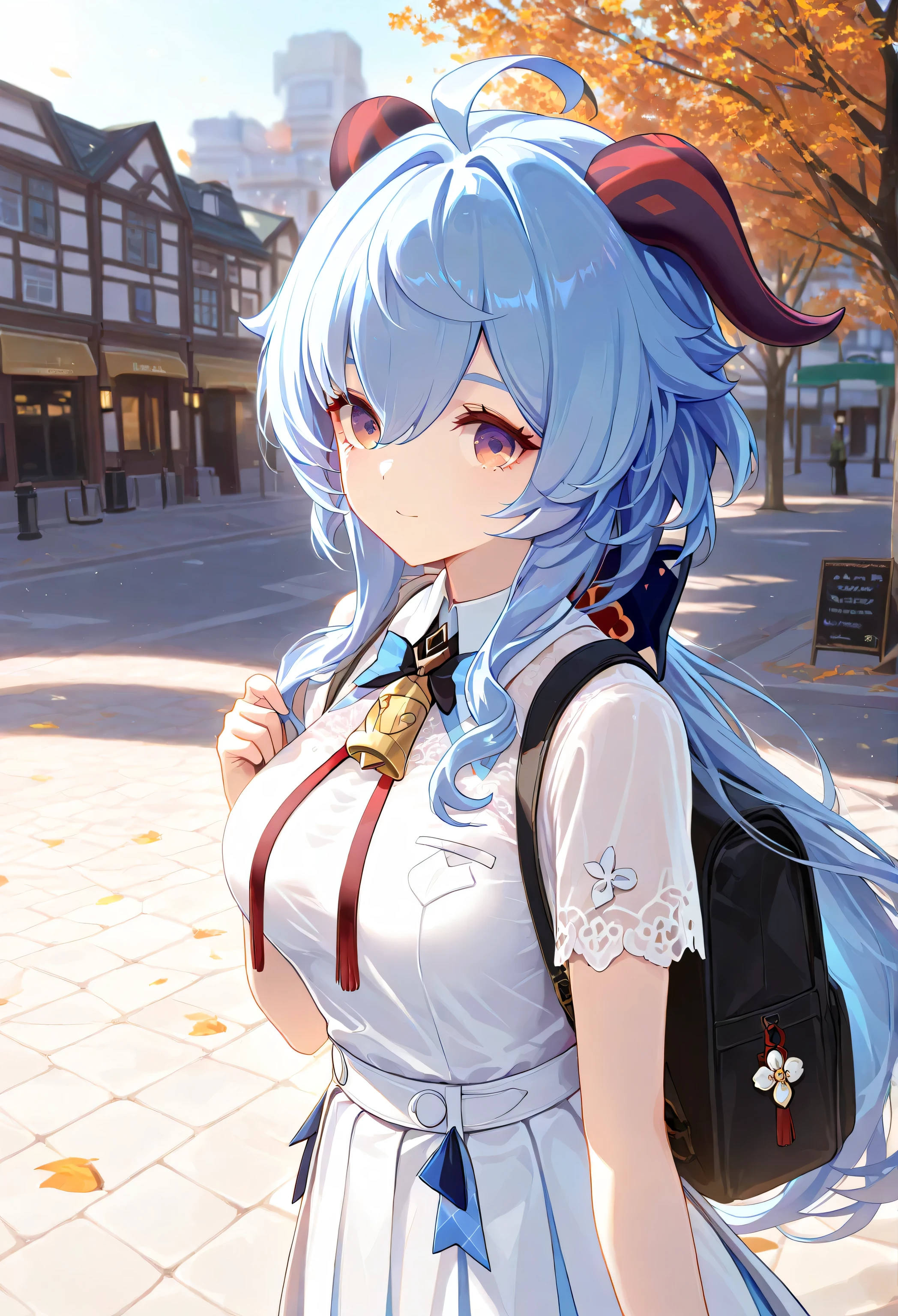 1 girl, From_Ganyu\( Genshin\),Pure white JK costume,White,Lace,go to school, outdoor,Street, Highly detailed, High Contrast, ray tracing, best lighting , cinematic composition, Pretty faces ,best quality, Very beautiful, ultra high resolution, detailed background, comics, Pastel Details ,See, Cafe with a soft atmosphere , style, solo,carefully crafted hair and eyes,Backpack,Advanced CG illustration