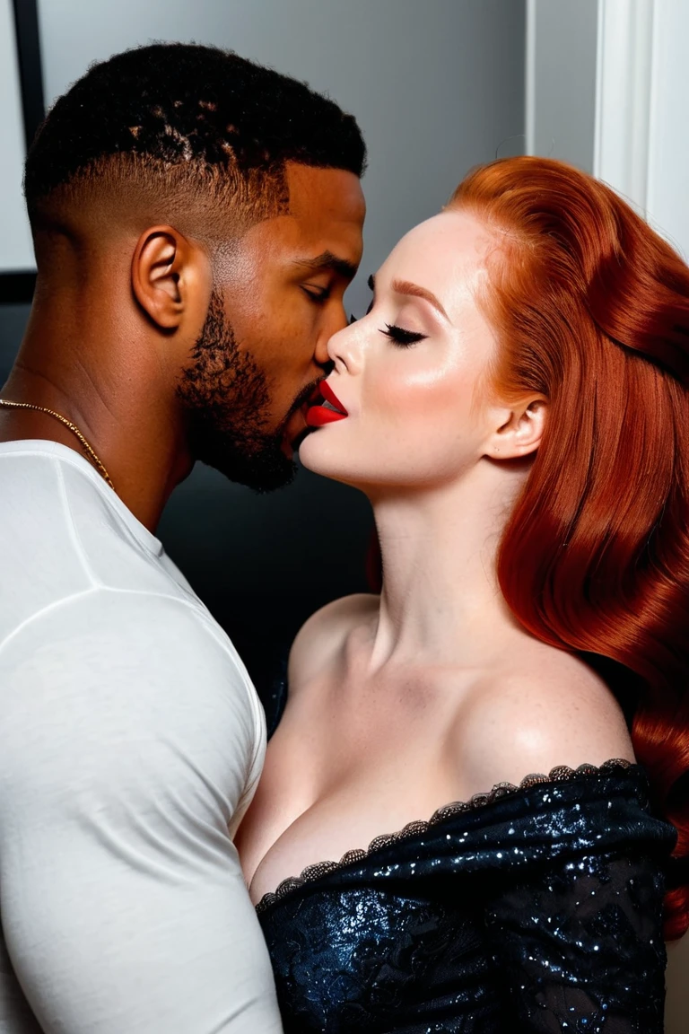 Pale skinned slender white woman very flat chested long wavy bright red hair, dark blue eyes, (wears clothes with queen of spades logo on them), (sitting legs spread on a barstool:1.6), (always surrounded by many black men in street clothes:1.7), (in a dark bar room:1.5), bartender in a dive bar