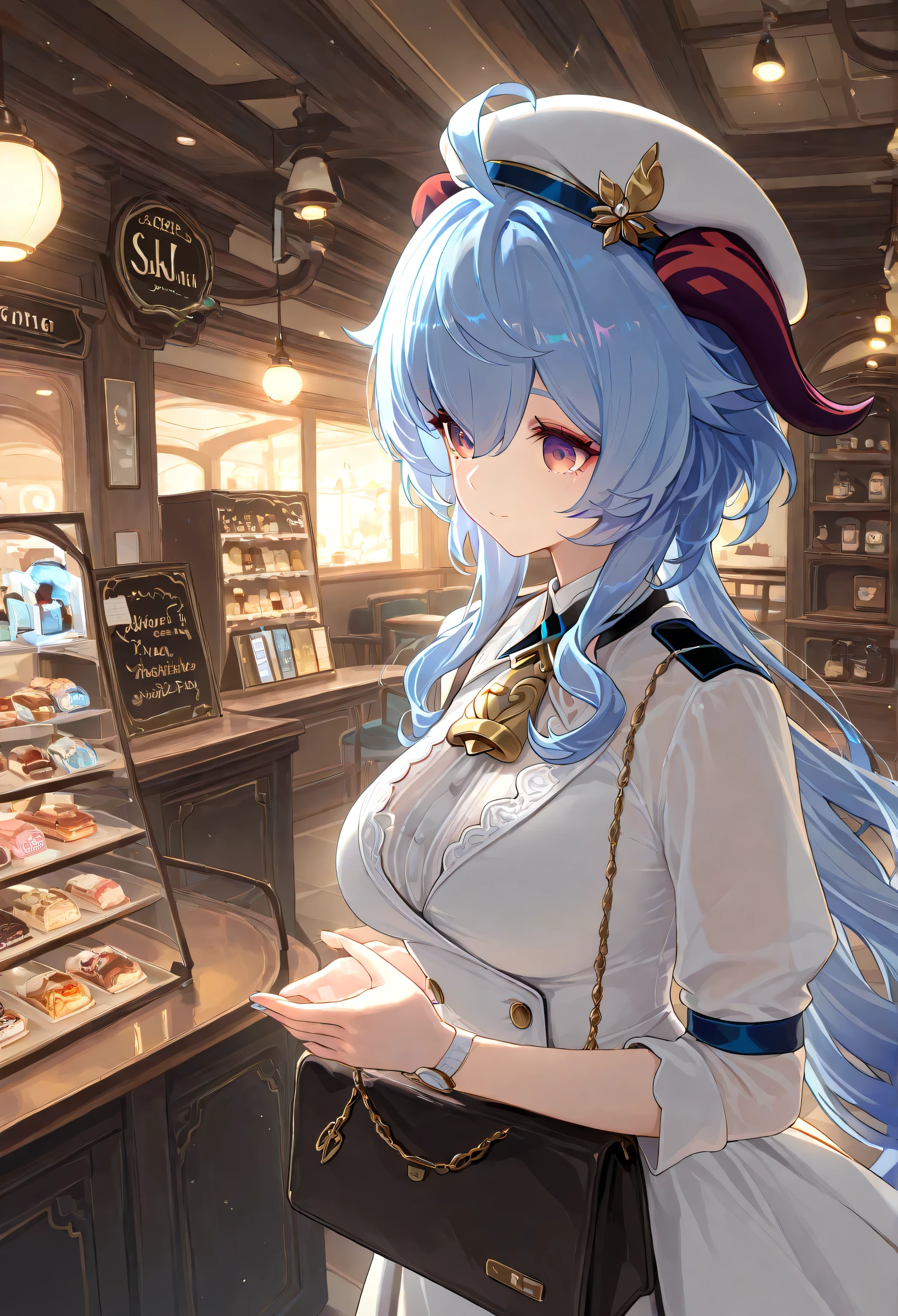 1 girl, From_Ganyu\( Genshin\),pure white JK costume,White,Lace,wearing a flight attendant beret,shop, Highly detailed, High Contrast, ray tracing, best lighting , cinematic composition, Pretty faces ,best quality, Very beautiful, ultra high resolution, detailed background, comics, Pastel Details ,See, Cafe with a soft atmosphere , style, solo,carefully crafted hair and eyes,Select product,Advanced CG illustration