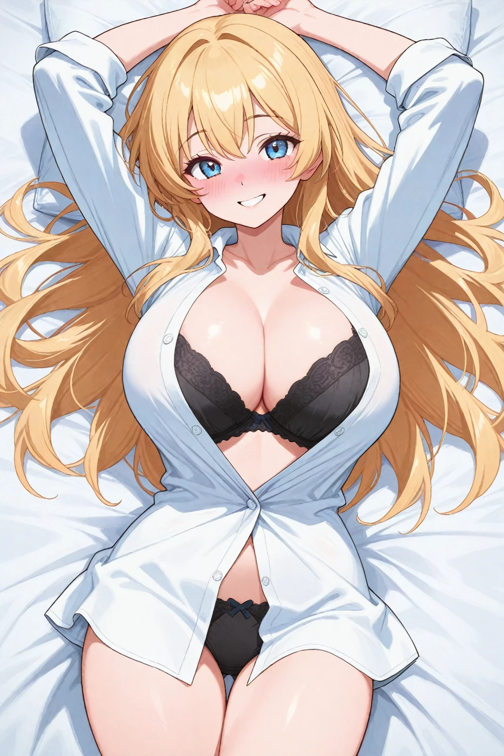 ((masterpiece、high quality、High resolution、4K, 8K, official art)),detailed person、detailed face、detailed eyes、fine eyes、 , revealing clothes, (Virgin killer sweater:1.5), big breasts、beautiful thighs、big breastsの谷間、mature pretty woman、transparent eyes、heavy makeup、sexy、(slender body and limbs,), angle from above、((on the bed))、Moles around the mouth、((clear eyes、double eyelid、evil smile))、