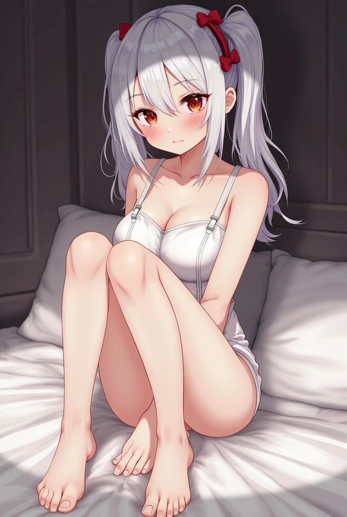 (masterpiece, best quality）a girl，long white hair，white bikini，lying on white bed，spread legs，detail，soaking wet，get wet，blush，Awkward，Fear，shy