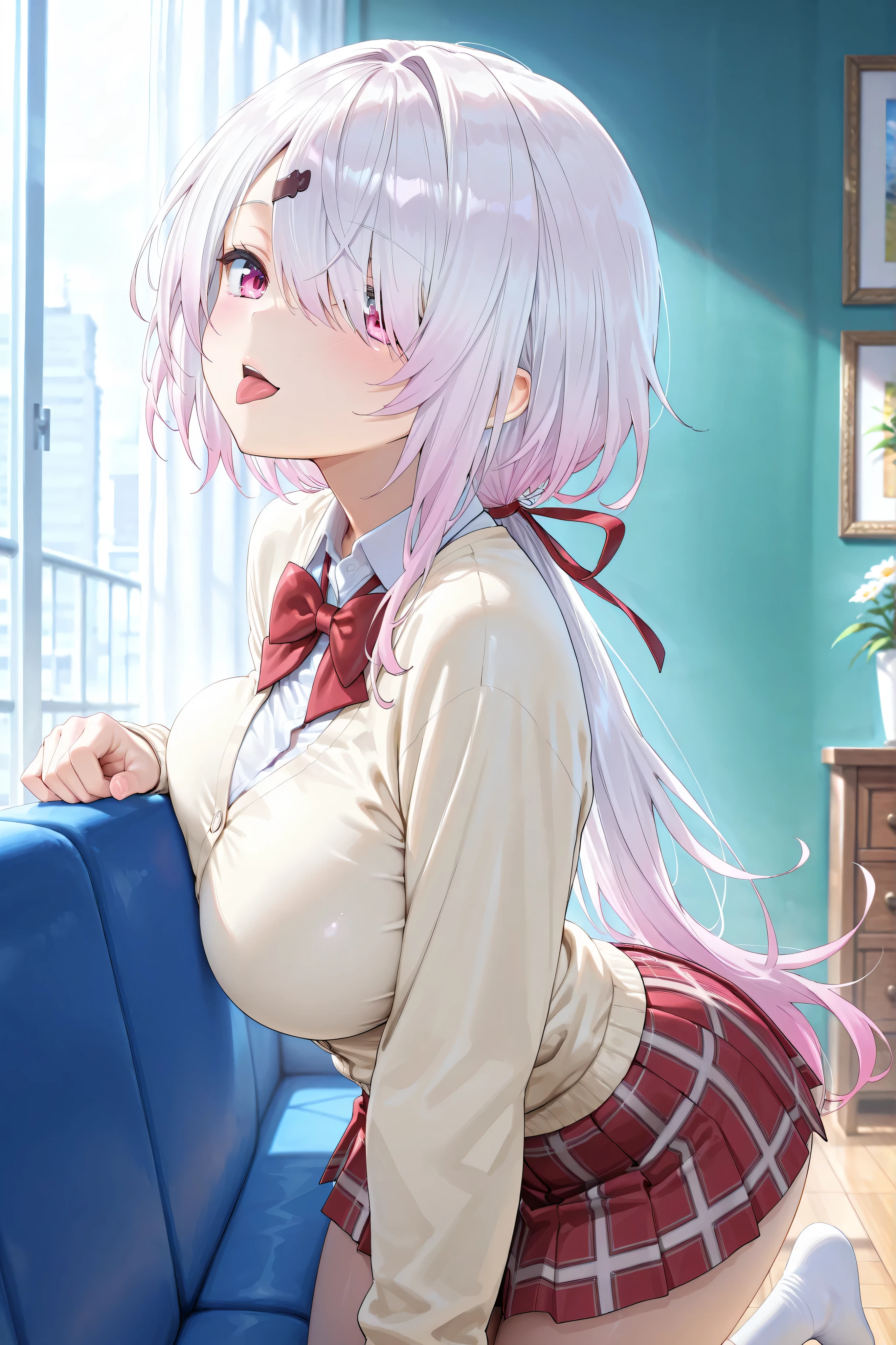 solo,masterpiece,best quality,super fine illustration、finely detail 、clear picture、UHD、HDR, amazing quality, highres, absurdres, very aesthetic, high resolution, ultra detailed, perfect details,(masterpiece, detailed:1.2),nijiyuika,large breasts,pink eyes,gradient hair,light pink hair,white hair,round face,long hair,hair over one eye,low ponytail,hair ribbon,hairclip,nijiyuikacos,white shirt,collared shirt,red bow,cream-yellow cardigan,red skirt,miniskirt,plaid skirt,pleated skirt,white socks,short socks,from side、tongue out