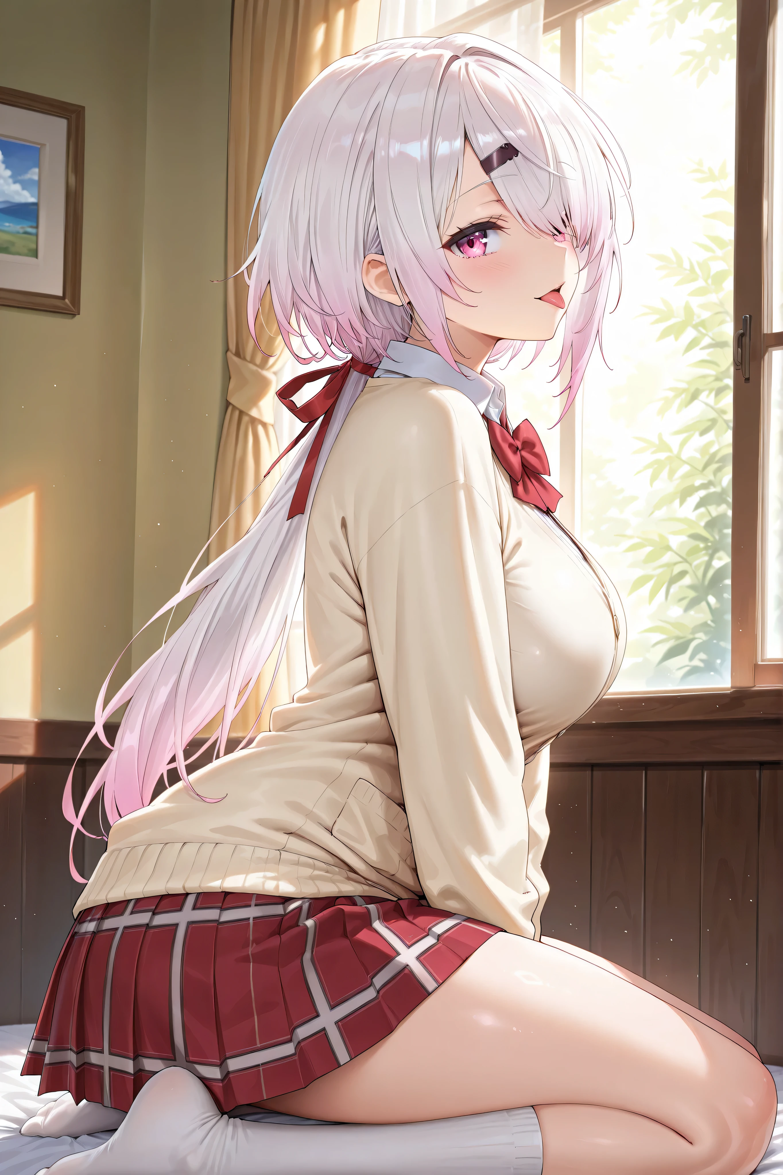 solo,masterpiece,best quality,super fine illustration、finely detail 、clear picture、UHD、HDR, amazing quality, highres, absurdres, very aesthetic, high resolution, ultra detailed, perfect details,(masterpiece, detailed:1.2),nijiyuika,large breasts,pink eyes,gradient hair,light pink hair,white hair,round face,long hair,hair over one eye,low ponytail,hair ribbon,hairclip,nijiyuikacos,white shirt,collared shirt,red bow,cream-yellow cardigan,red skirt,miniskirt,plaid skirt,pleated skirt,white socks,short socks,from side、tongue out