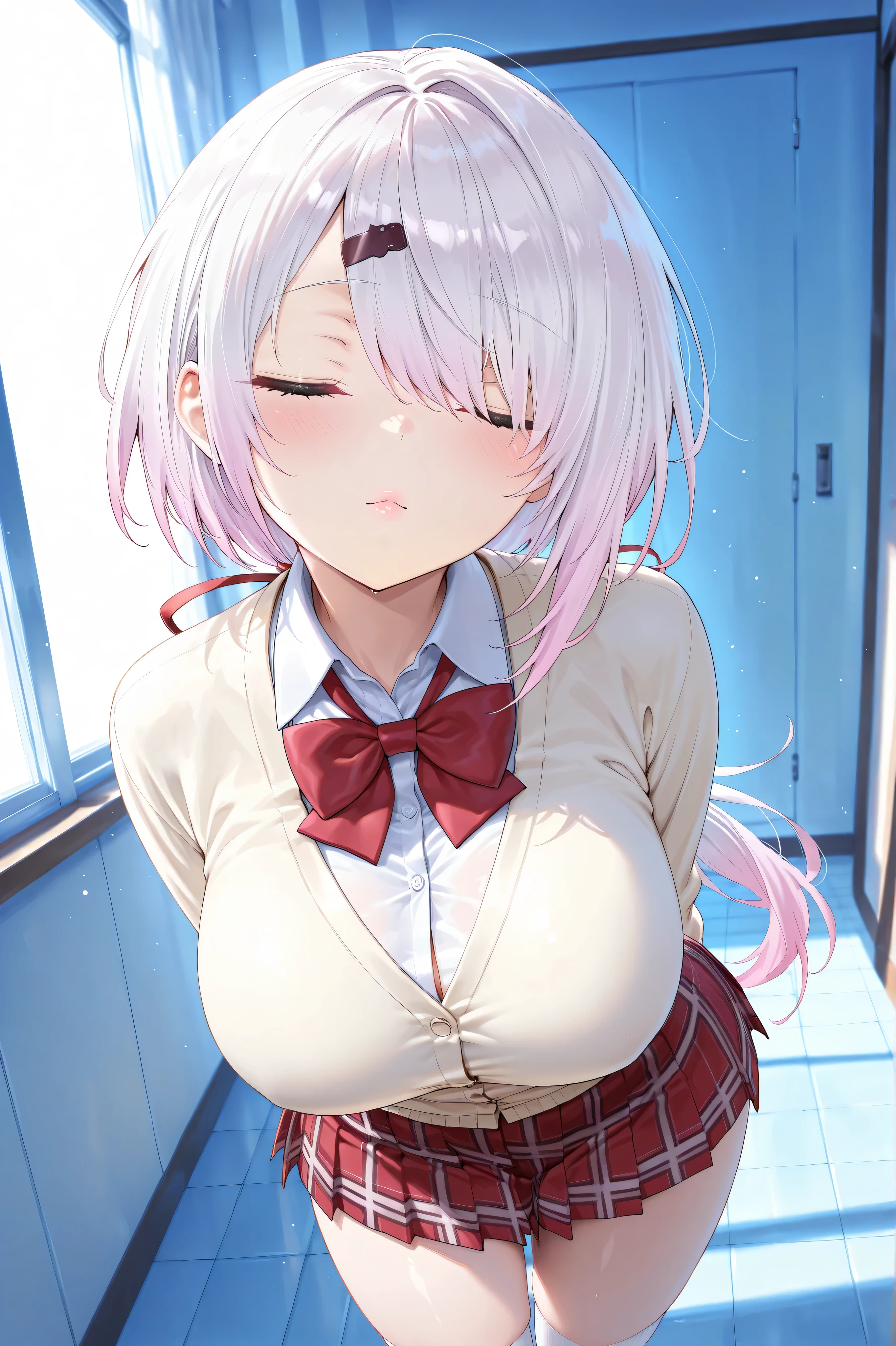 solo,masterpiece,best quality,super fine illustration、finely detail 、clear picture、UHD、HDR, amazing quality, highres, absurdres, very aesthetic, high resolution, ultra detailed, perfect details,(masterpiece, detailed:1.2),nijiyuika,large breasts,pink eyes,gradient hair,light pink hair,white hair,round face,long hair,hair over one eye,low ponytail,hair ribbon,hairclip,nijiyuikacos,white shirt,collared shirt,red bow,cream-yellow cardigan,red skirt,miniskirt,plaid skirt,pleated skirt,white socks,short socks,face waiting for kiss, closed eyes