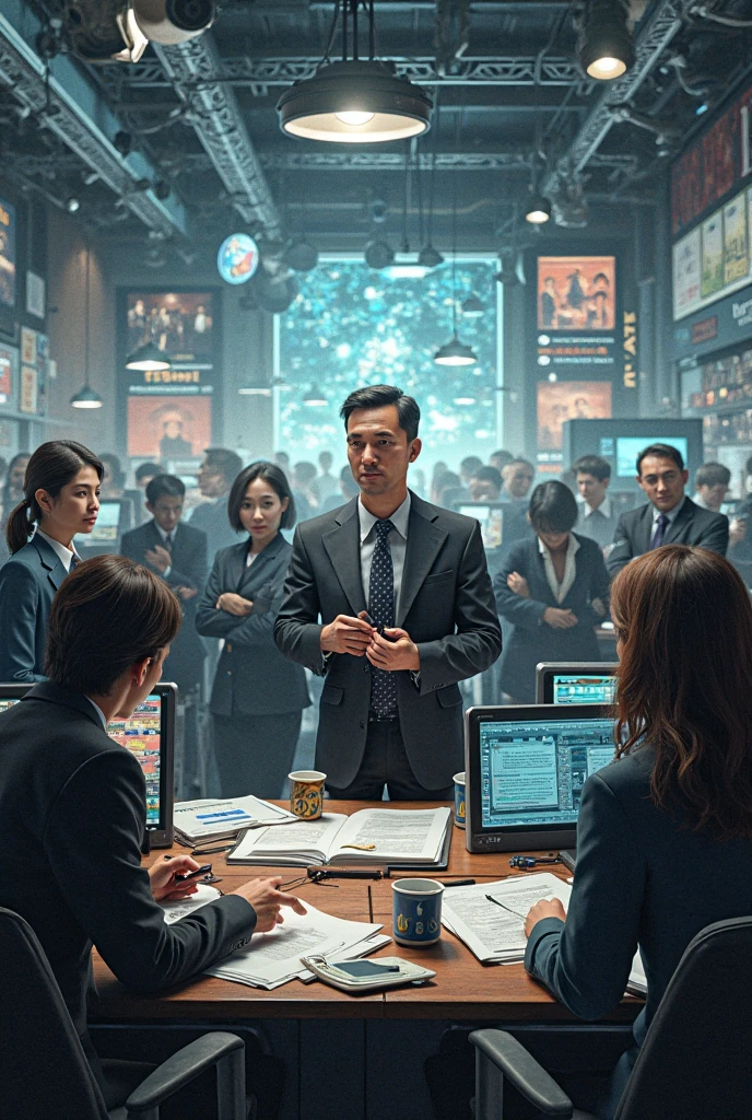 Absurd resolution, high resolution, (masterpiece: 1.4), super detail, oversized conference room, screen, a group of men in suits, very shocked and surprised expressions