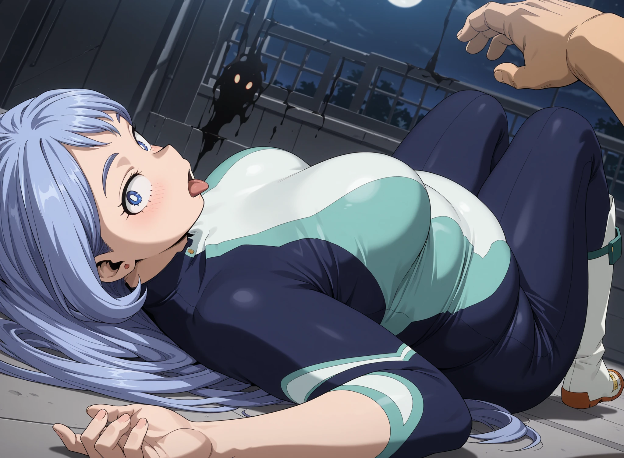 high resolution picture, masterpiece, best quality, amazing quality, official art, 1girl, hado_nejire from My Hero Academia , 1girl,nejire hadou, blue eyes, blue hair, long hair, medium breasts, source anime, anime coloring, wearing tight sportswear, flat colors, pastel colors, 1girl, , full body, close-up, open mouth, tongue out, from side, prominent blush, darkness, night, WeightChubby, plump, chubby, fat, (("First person perspective (POV) of someone lying down on their back)))