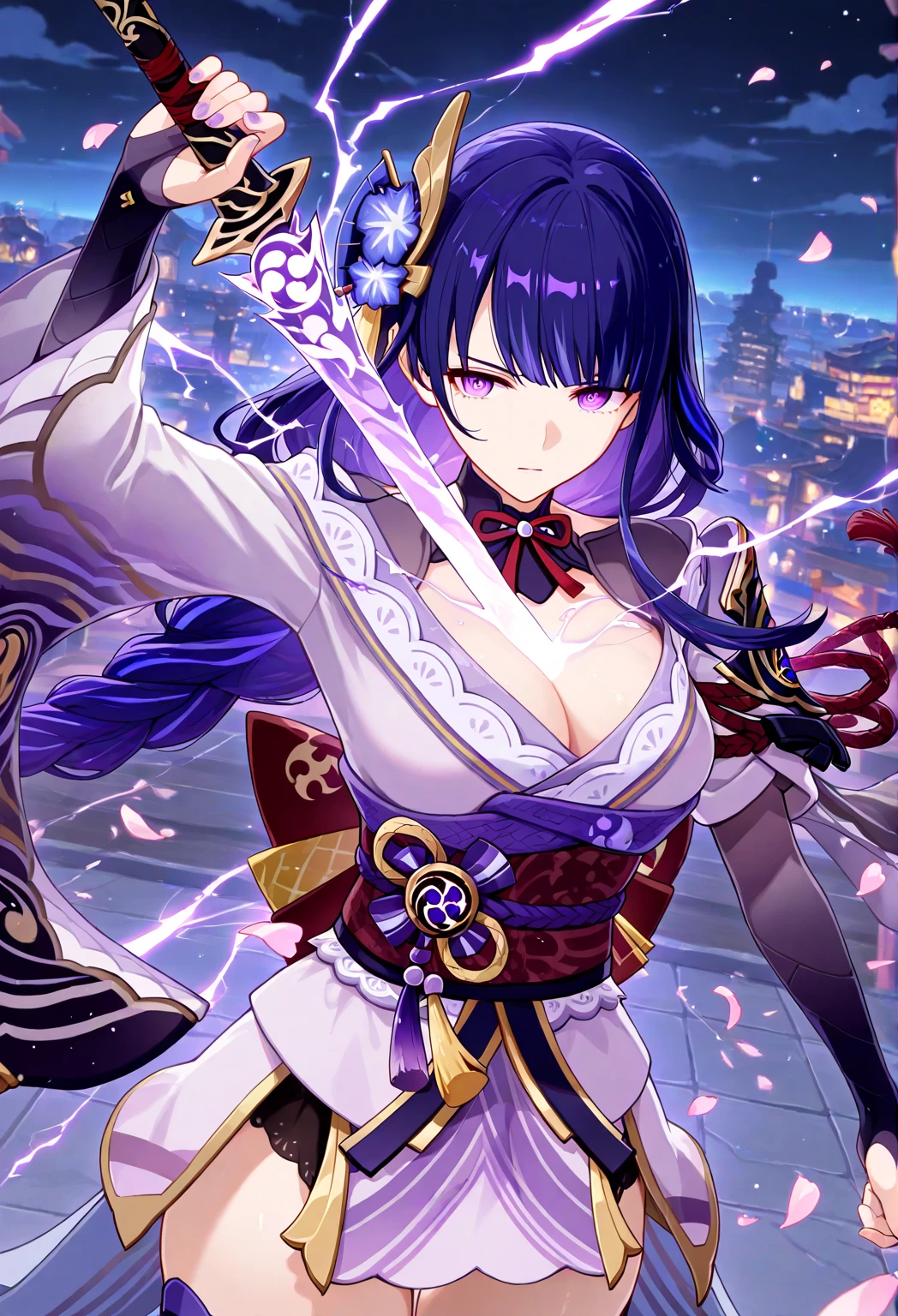 ((Image from the waist up:1.4))Japanese Shrines, (Highest quality，Realistic,masterpiece:1.2，8k wallpaper:1.2)，((Pale skin))，One Girl，women only，((raidenshogndef))((Genshin Impact，General Raiden))，Lightning Particles，Purple Lightning，Light background，cherry blossoms，Purple Theme，Delicate facial features，Sexy and beautiful anime girls，General Raiden，Long purple hair，Rosy lips，Anime Mouth，large breasts, Beautiful cleavage,Slender figure、Thin legs、smile