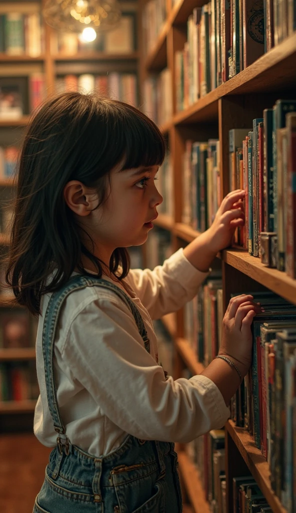 I draw a 12 year old girl looking at a shelf of books with her back turned