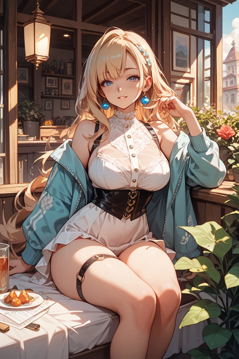 Absurd, Ultra-detailed,Bright colors, Very beautiful and detailed anime faces and eyes, View from the front, ;is, Shiny_skin,Age 25, , (A stylish bra can be seen through the sheer white bra 、Black socks、Checked skirt)、short hair, , Asymmetrical bangs, Blonde hair in short pigtails, Shiny Hair, iselicate beautiful face, blush、(iseep Blue Eyes:1.3)、evening、There are many rice fields, Lots of fields、Big Sunset、Orange View、Small Necklace、