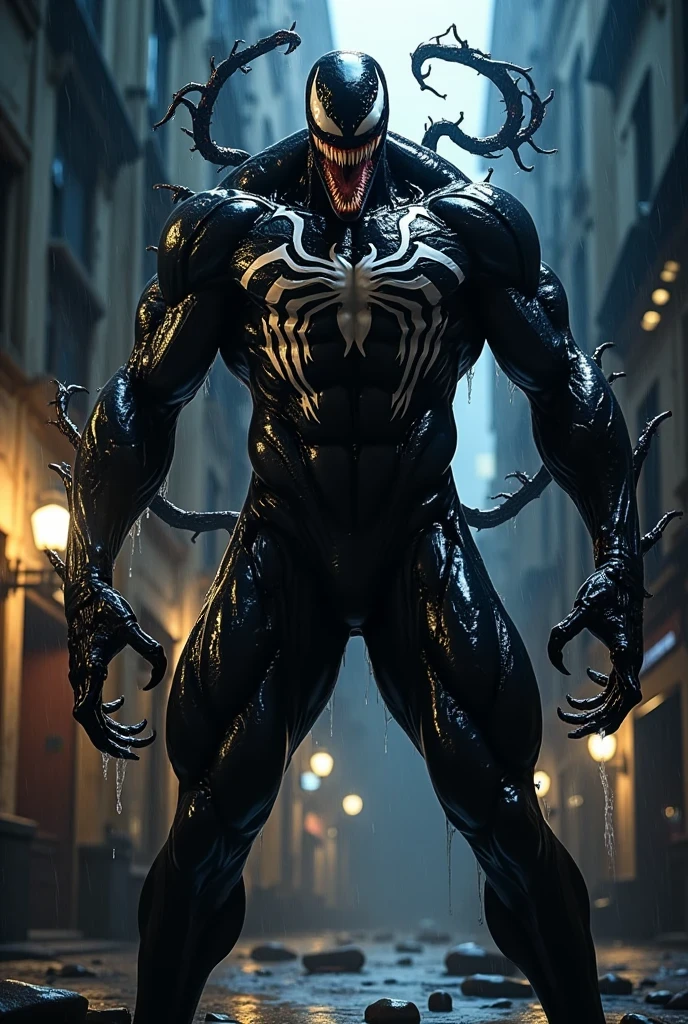 Venom Tom Hardy, Male Venom, from below, vista from below, salivating excessively, skinny teen, legs apart,looking down, seductive, erect penis, Male venom