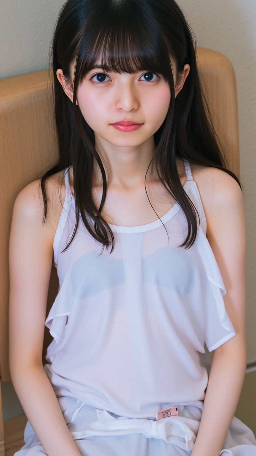 (((Like the picture、Focus on the eyes:1.1、Extremely detailed:1.22、Ultra-high resolution、masterpiece:1.45、Highest quality)))、((((Body whole body expression:1.68))))、long, straight black hair、So that every single hair is clearly visible、The subtle color changes of hair depending on how the light hits it、 Skin has a natural glow、Fine skin texture、Representing the fine details of pores:1.25、Details of the light redness on the forehead and cheeks、(((Eyes with fine iris details、The eyes depict color gradations and patterns.、Long, natural-looking eyelashes, each and every one visible、Well-groomed eyebrows、眉毛のindivual々The hair is clearly visible、Light reflecting off into the eye、The light in the eyes creates small highlights)))、The nose is delicate、Fine detail on the nostrils、Lips are plump and naturally pink、Depicts the fine lines and soft curves of the lips、lips are shiny and、The gloss on your lips accentuates their shape.、(((Detailed depiction of lip texture、Particular attention to the depiction of light and shadow、Soft natural light gently illuminates the face from the front、A faint glow on the forehead、A slight shine on the nose、A slight glow on the cheeks、Shadows are cast softly along the contours of the face、Accentuate the sides of your cheekbones、Accentuate the sides of the jawline、Emphasize the sides of the nose、The gloss on her lips reflects the light faintly、Lips emphasize the plump texture、The shadow of the hair gives depth and dimension、indivual々The hair shines in the light、The background is simple and blurred.、Focus on the face