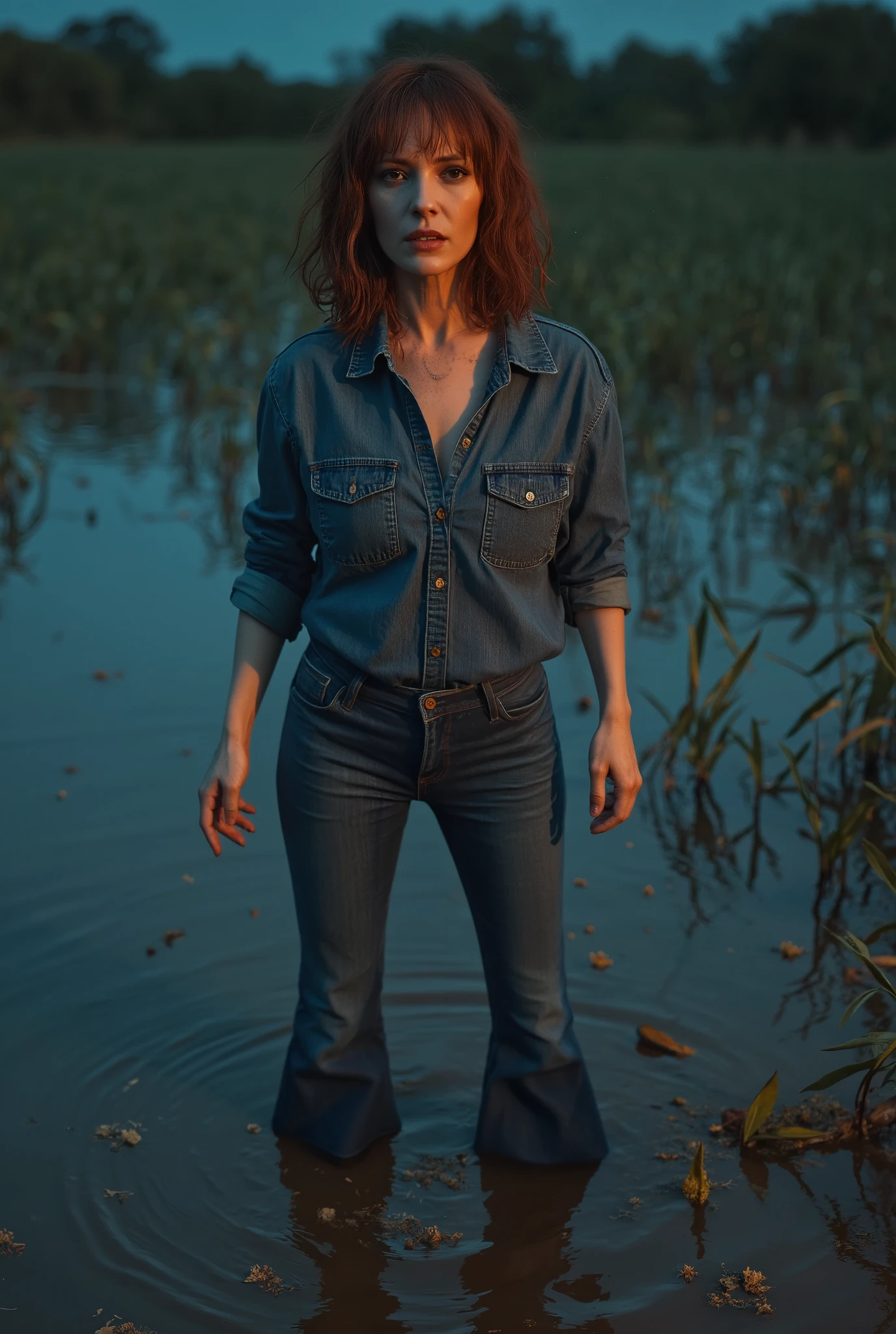 -torture atmosphere, dirty atmosphere of desire, middle-aged woman, wrinkles, vulgar, duckweed, drowns in a muddy swamp. turns back, eye bags, wrinkles, tight flared messy denim jeans and fitted shirt, copper chestnut bob, poses standing in sexual tension, Night, blue, beige, red,