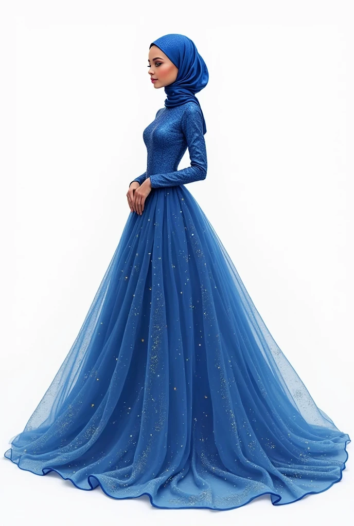 Create a watercolor illustration of a Muslim bride wearing a dark blue, long-sleeved princess dress that fully covers her body. She is wearing a headscarf and is turned over her shoulder, looking back. The image should be minimalistic with no facial features visible—no eyes, nose, or mouth—just an abstract, faceless representation. The style should be soft and delicate, like a watercolor painting, capturing the elegance and modesty of the bride