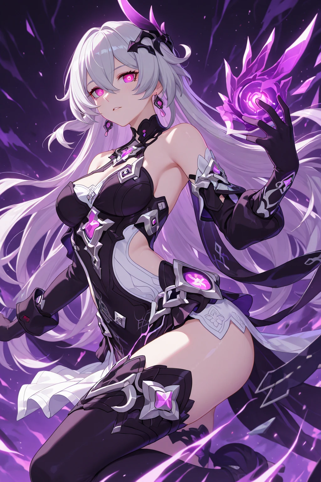 raiden shogun, 1girl, storm, masterpiece, best quality, long hair,purple hair, gloves,purple eyes, thighhighs, holding holding sword, detached sleeves, black gloves, japanese armor, kimono, lightning, halo, neon wings