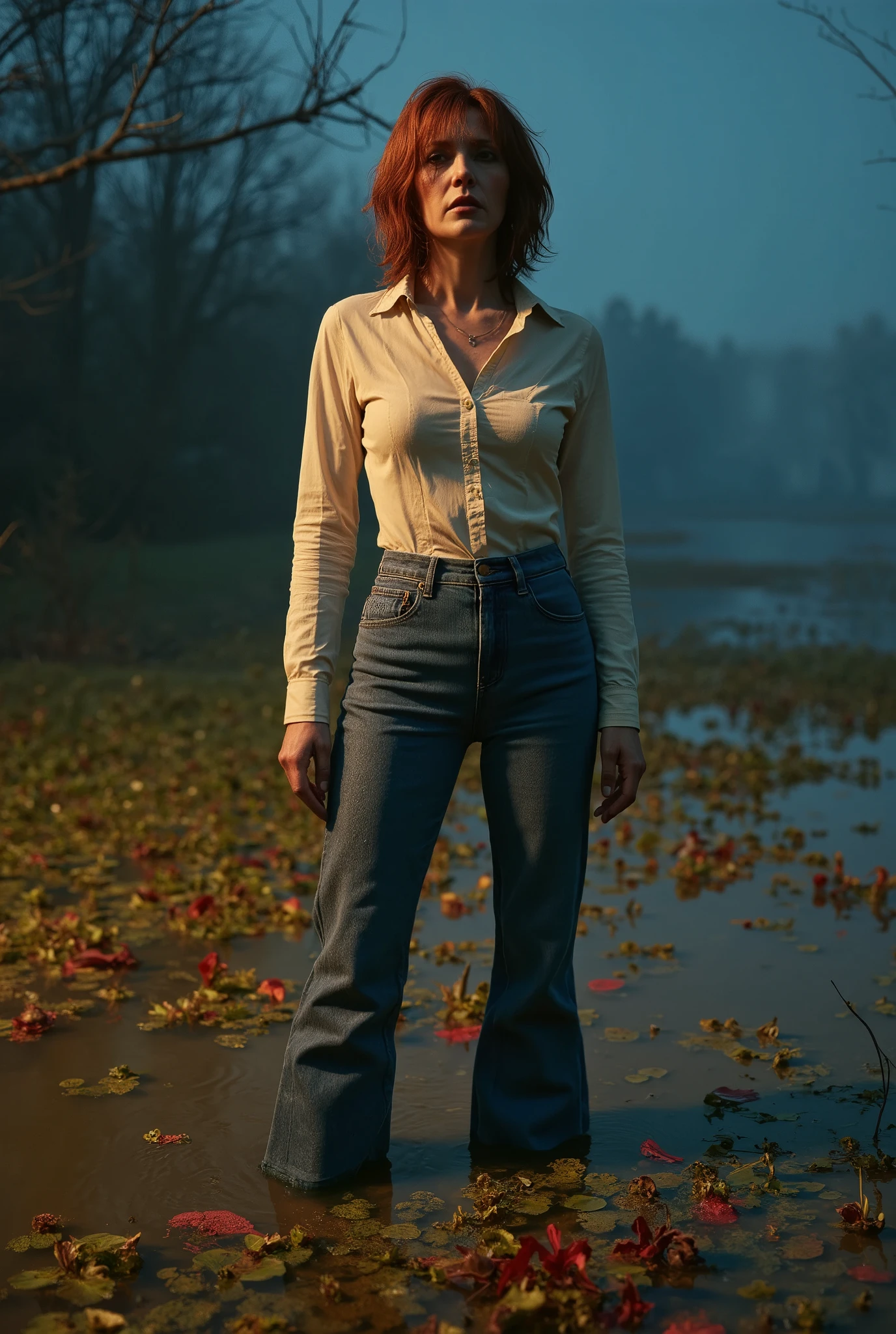 -torture atmosphere, dirty atmosphere of desire, middle-aged woman, wrinkles, vulgar, duckweed, drowns in a muddy swamp. turns back, eye bags, wrinkles, tight flared messy denim jeans and fitted shirt, copper chestnut bob, poses standing in sexual tension, Night, blue, beige, red,