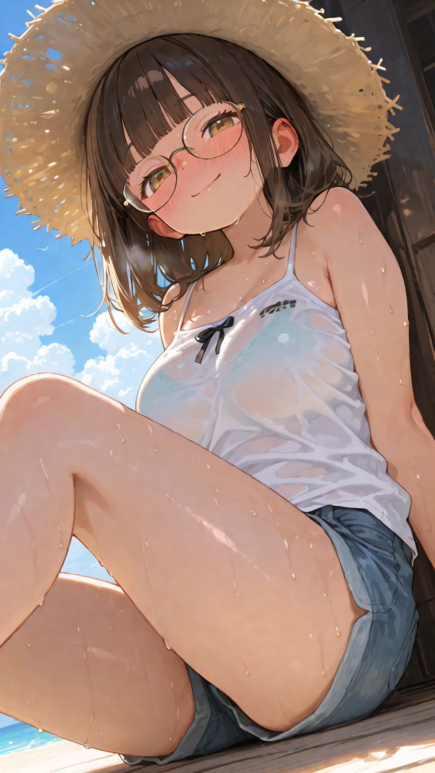 ((Highest quality)), ((masterpiece)), (detailed), One girl, sexy、Muscular、Six-pack、Spread your legs、Anus is visible、Flat Chest、13-year-old girl、bottomless、The best smile、Blushing、topless、Shortcuts、Dark skin