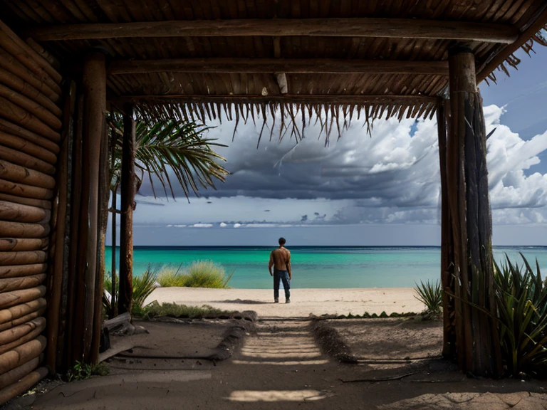 "Descreva um rapaz jovem em sua jornada de descoberta do mundo marinho. He's standing on a white sand beach, usando shorts azuis e uma camiseta branca, com o cabelo ao vento. In his right hand, He holds a pair of binoculars, while the left hand points to the horizon of the ocean. Her face reflects a mixture of curiosity and fascination, seus olhos se estreitando com entusiasmo. Around you, a praia se estende em uma bela paisagem costeira, with palm trees swaying in the wind and shells strewn across the sand. As ondas quebram suavemente na costa, and a colorful fishing boat is anchored nearby. The sky is a light blue, With some white clouds in the distance. Create a sense of wonder and exploration in this portrait of the young sea adventurer."