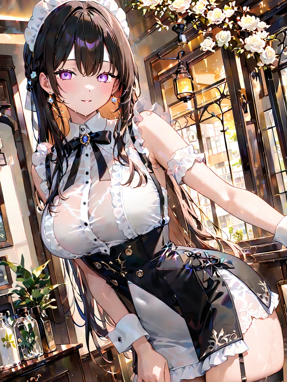 perfect human body,girl, mature female, mature, Beautiful wife,milf, long hair, french braid, side braid, Big, etc,blush, lipstick,(Very detailed background、snow,Glass flower room),(ultrashort)Lolita skirt,translucent,((woman with fever)), huge ,((The expression of color)), (blush:1.2), Smile,