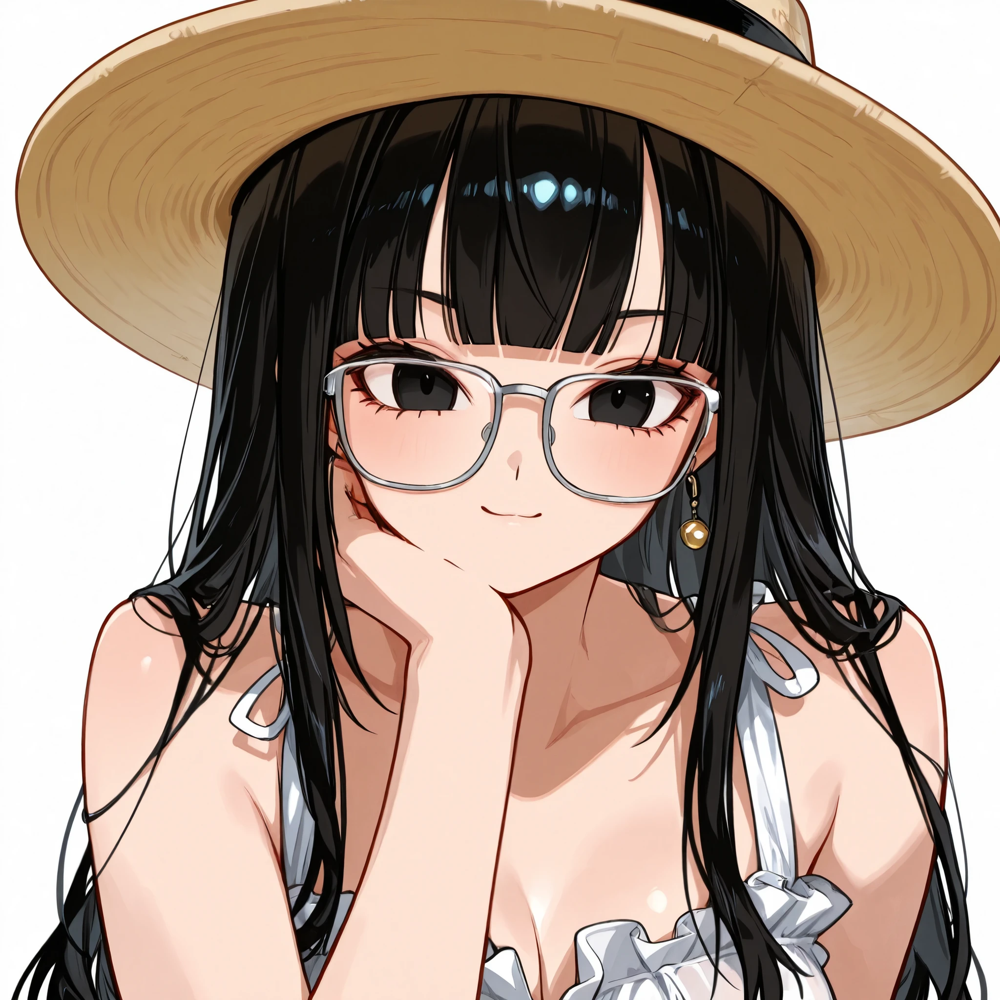 A Girl, Mai From Dragon ball character, Black straight long hair, blunt bangs, Sharp black eyes, Wear a Sundress glasses hat 