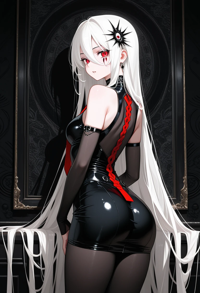 Shiny sissy luxury latex dress doll,playboy bunny,leggings,black legwear,,Iceberg Beauty,1girl,red eyes,long hair,hime_cut,{hair in takes},medium breasts,white hair,silver_hair,