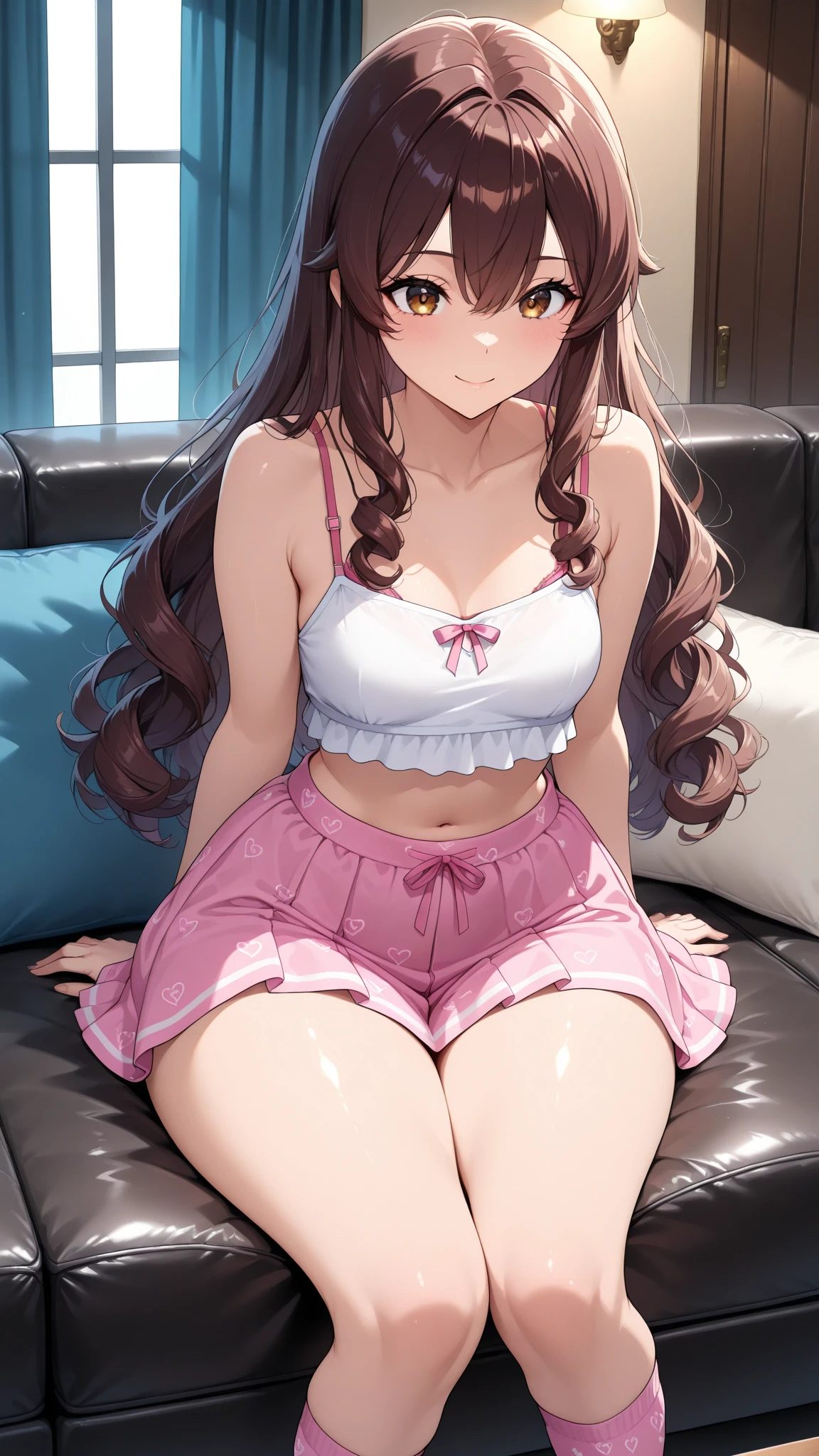 (Tabletop, Highest quality, High resolution, , Pixel Perfect, 4K,), 1 Girl, single, alone, Beautiful woman、I could see the whole body、 ((Wavy mid-length hair, bangs, Brown Hair)), ((Brown eyes, Beautiful eyelashes, Realistic eyes)), ((Detailed face, blush:1.2)), ((Smooth texture:0.75, Realistic texture:0.65, Realistic:1.1, Anime CG Style)), Medium Chest, Dynamic Angle, Perfect body, ((, female teacher, , Earrings、necklace、camisole、No bra、Middle flared skirt、Black knee-high stockings、Spread your legs wide、Touch your crotch with both hands、Leaning forward、A shy smile、sit at a desk in the classroom、Touching the crotch with both hands、)), look up、、、evening、、(Pink and white lace panties are visible、、(、)、Angle from below)、