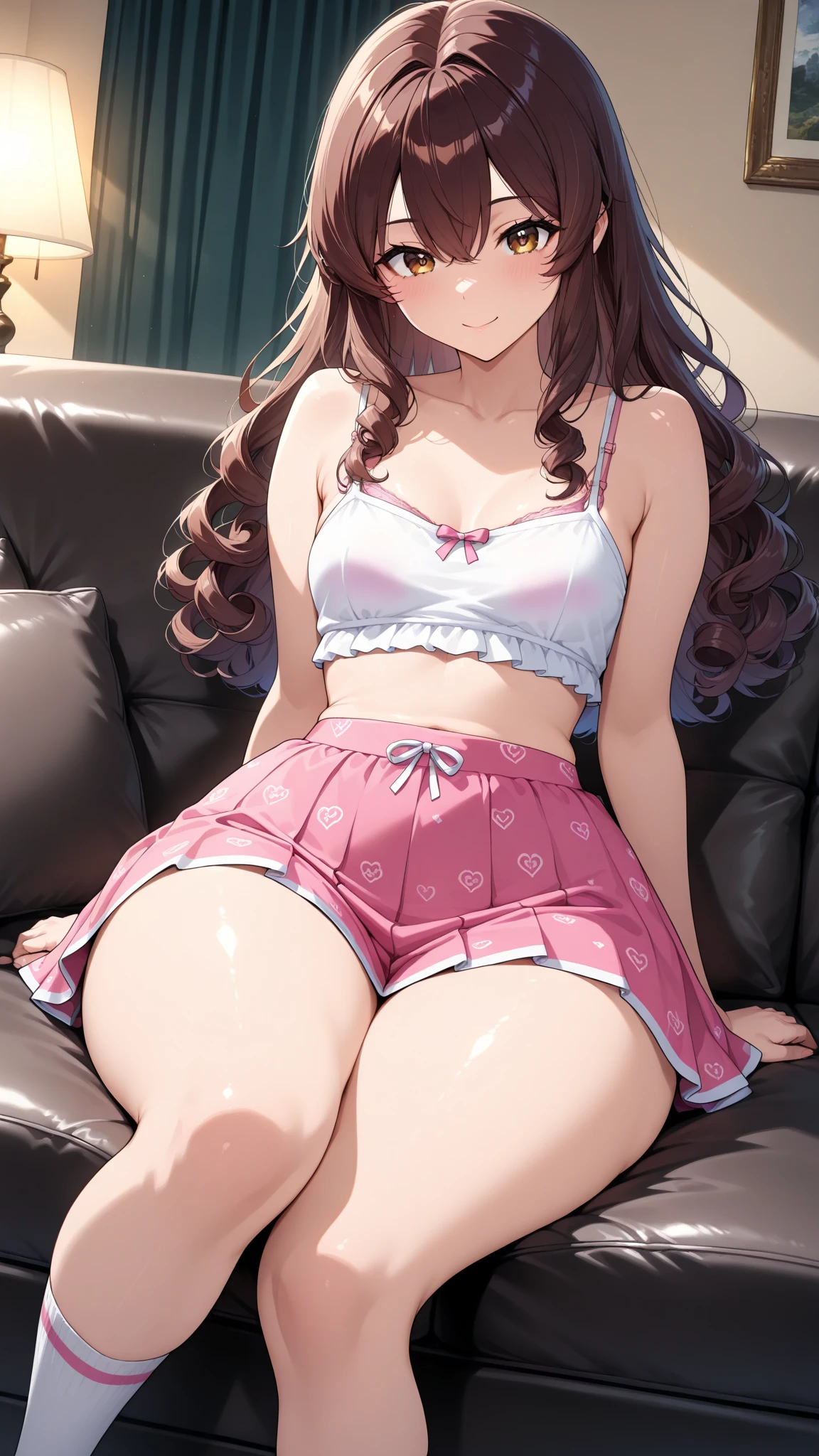 (highest quality,High resolution,Perfect Pixel,8K), (1 girl:1.2), Beautiful woman,((Wavy mid-length hair, bangs, Brown Hair)), ((Brown eyes, Beautiful eyelashes, Realistic eyes)), ((Detailed face, blush:1.2)), ((Smooth texture:0.75, Realistic texture:0.65, Realistic:1.1, Anime CG Style)), Medium chest, Perfect body, (Earrings,necklace,sweater,mini skirt, A shy smile)), ((I can see her panties:1.1), (she lift skirt)),(from below:1.3)